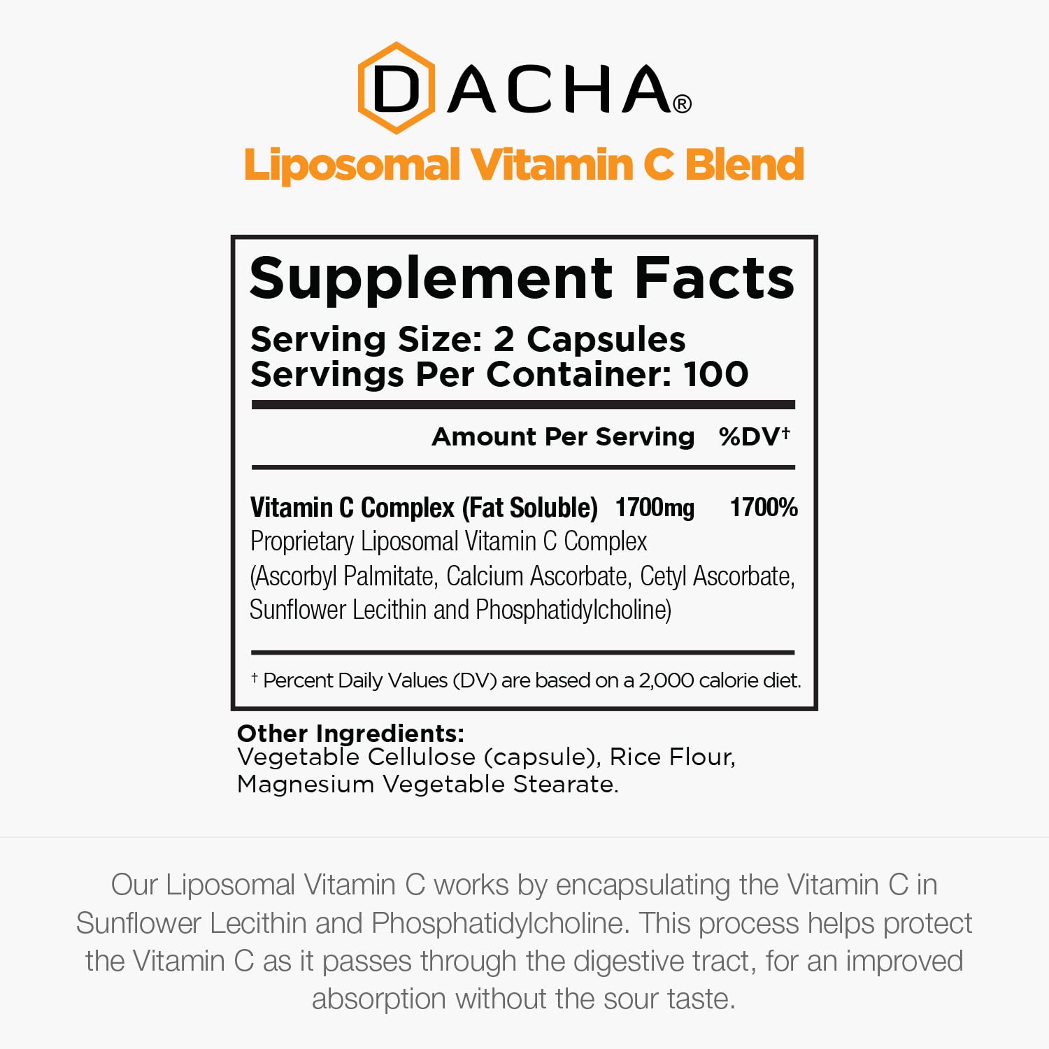 DACHA Natural Liposomal Vitamin C - 1700mg, 200 Capsules, Immune System & Collagen Booster, High Absorption Fat Soluble VIT C, Buffered, Skin Vitamins, Vegeterian, Vegan