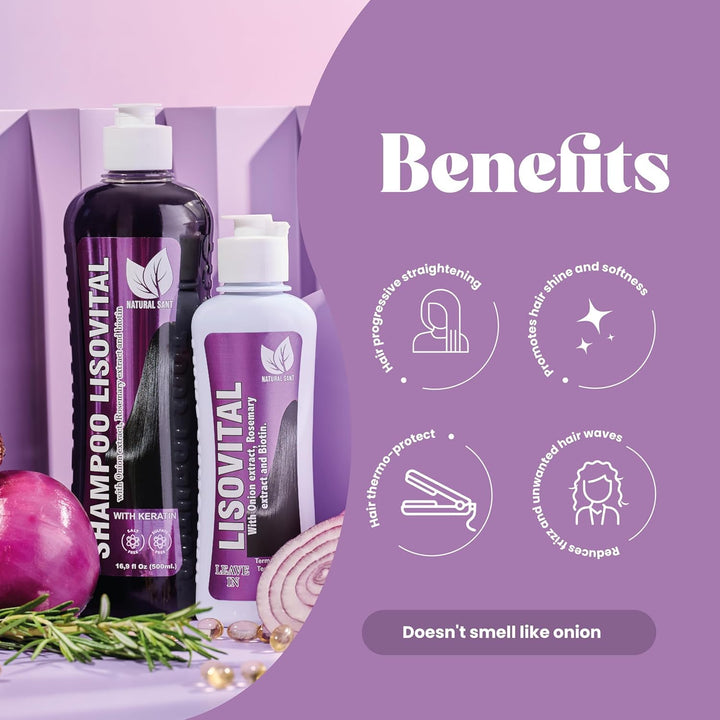 Natural Sant - Liso Vital duo kit - Shampoo & Leave-In Conditioner, Anti Frizz, Heat Protectant for Hair with Red onion extract, Biotin & Rosemary