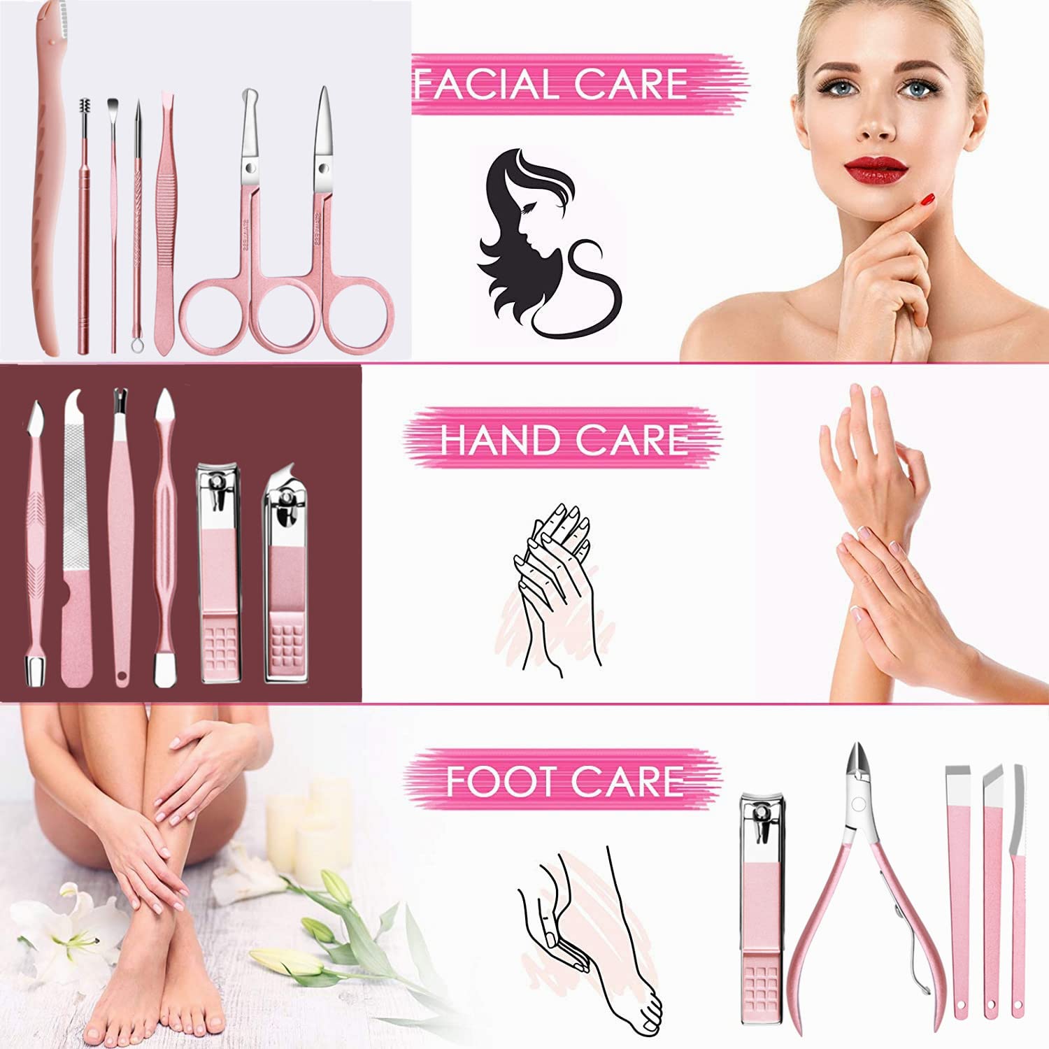 Updated Manicure Set Aceoce Nail Clippers Set 18 in 1 Grooming Kit Stainless Steel Professional Pedicure Set Eyebrow Razor (rose gloden 18pcs)