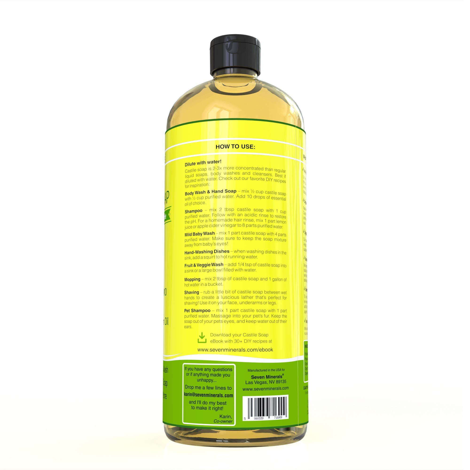 Seven Minerals, EWG Verified Castile Soap 33.8 fl oz - No Palm Oil, GMO-Free - Unscented Mild & Gentle Liquid Soap For Sensitive Skin & Baby Wash - All Natural Vegan Formula with Organic Carrier Oils