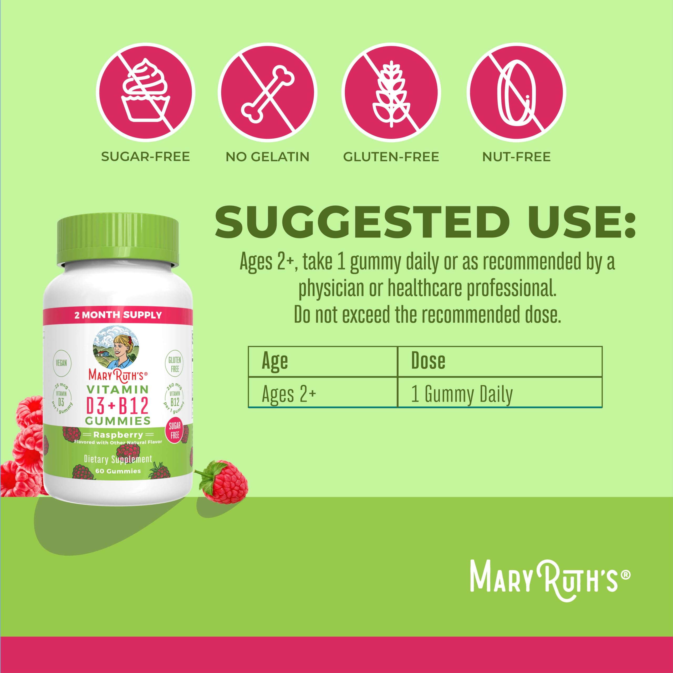 MaryRuth Organics | Vitamin D3 Vitamin B12 Gummy Supplements for Adults & Kids | Supports Bone Health | Energy Boost | Raspberry | Sugar Free | Vegan | Non-GMO | 2 Month Supply