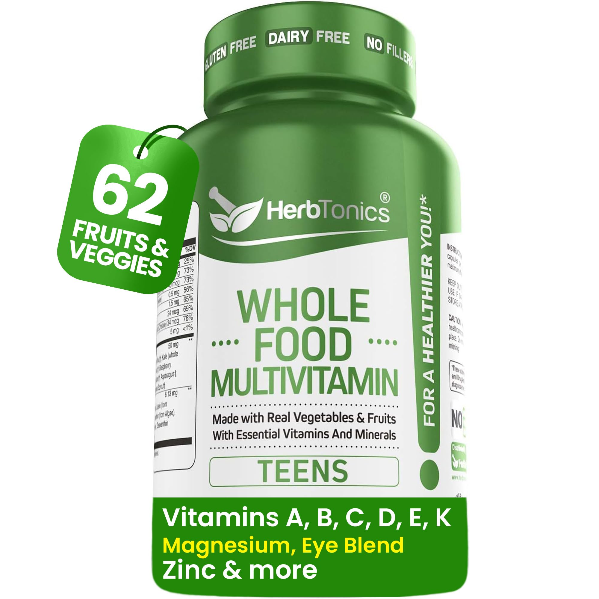Herbtonics Whole Food Multivitamin for Teens | Essential Vitamins and Minerals Supplement for Teenage Boys & Girls | 62 Plant-Based Superfoods, Raw Veggies & Fruit Complex | Non-GMO Vegan 60 Capsules