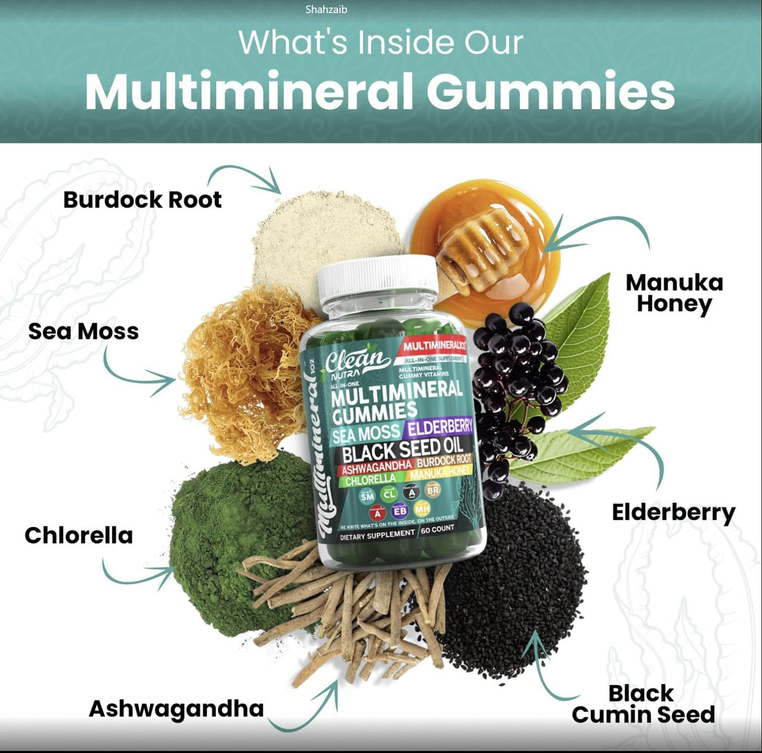Sea Moss Black Seed Oil Gummies with Ashwagandha, Elderberry, Burdock Root, Chlorella, Manuka Honey - Vegan Gummy Vitamins for Adults Kids Men Women - Multimineral Green Apple Flavor by Clean Nutra