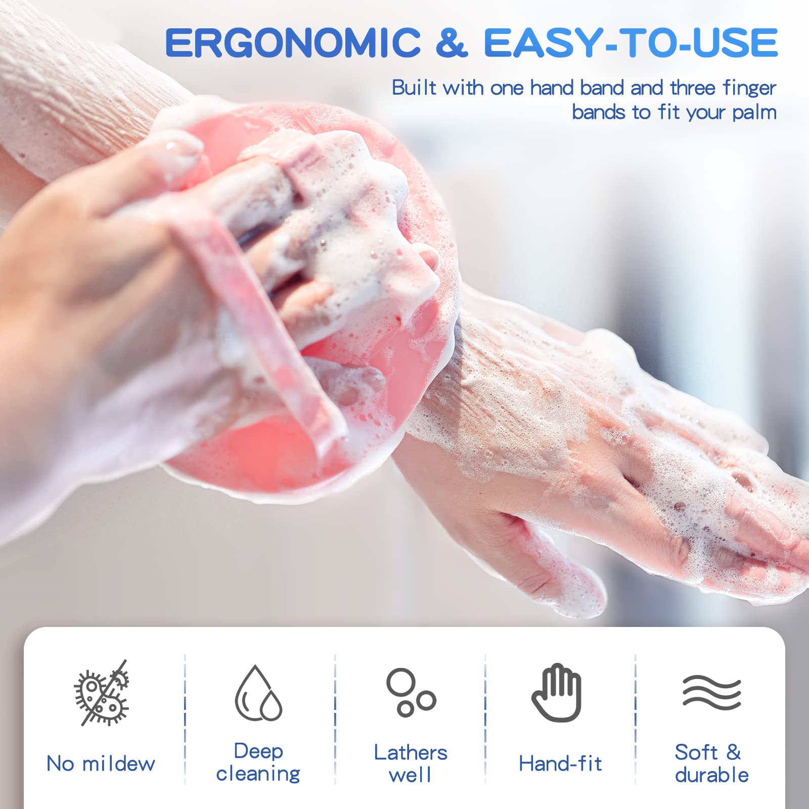 ManmiHealth Soft Silicone Shower Brush, Super-Lathering and Deep-Cleaning Body & Face Scrubber, Gentle Exfoliating Bath Glove for All Skin Types, with 2 Free Hooks.(Black + Pink)