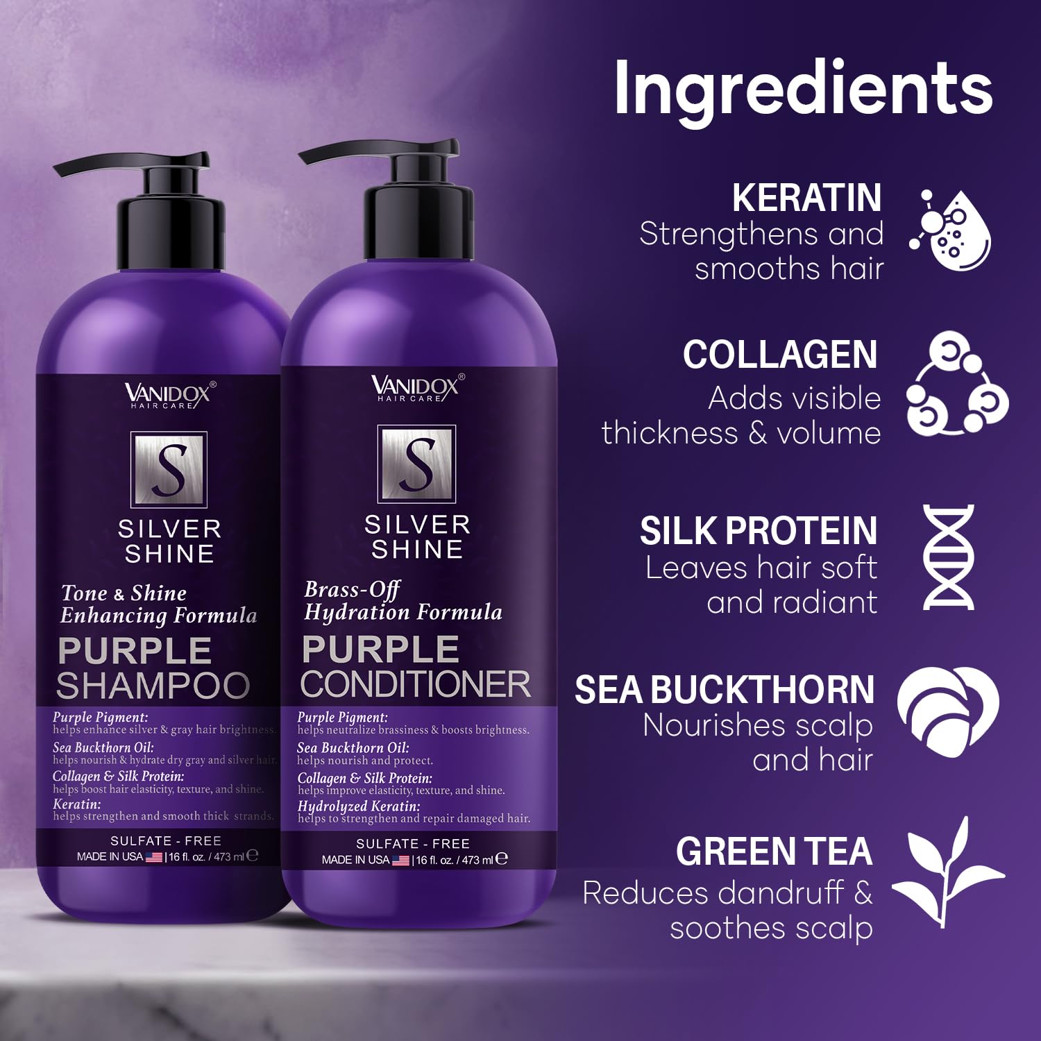 VANIDOX Sulfate Free Purple Shampoo and Conditioner Set for Grey and Silver Hair, Brass Toning with Infused Purple Pigment, for Women (16 fl oz each)