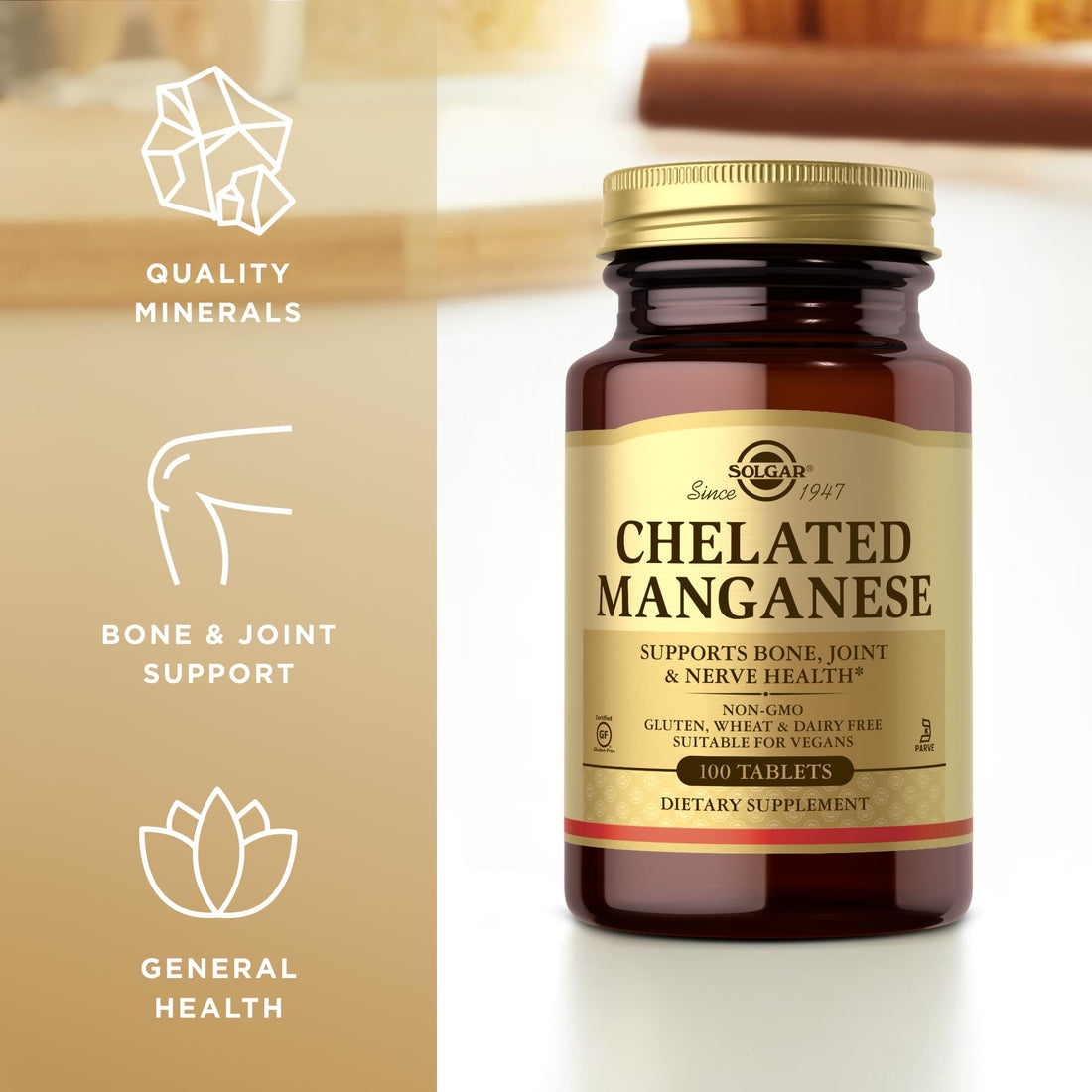 Solgar Chelated Manganese - 100 Tablets, Pack of 2 - Supports Bone, Joint & Nerve Health - Non-GMO, Vegan, Gluten Free, Dairy Free, Kosher - 200 Total Servings