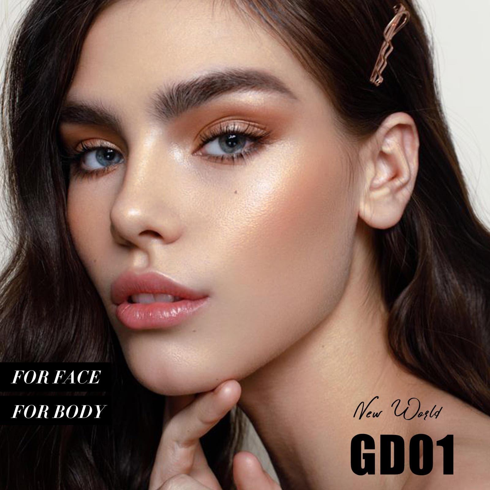 FOCALLURE Shimmer Face Highlighter Makeup Powder, Gel to Powder Glow Finish, Leaving a Lightweight & Healthy Radiance, Long Lasting Luminous Face Body Highlighter Makeup,GD01 New World