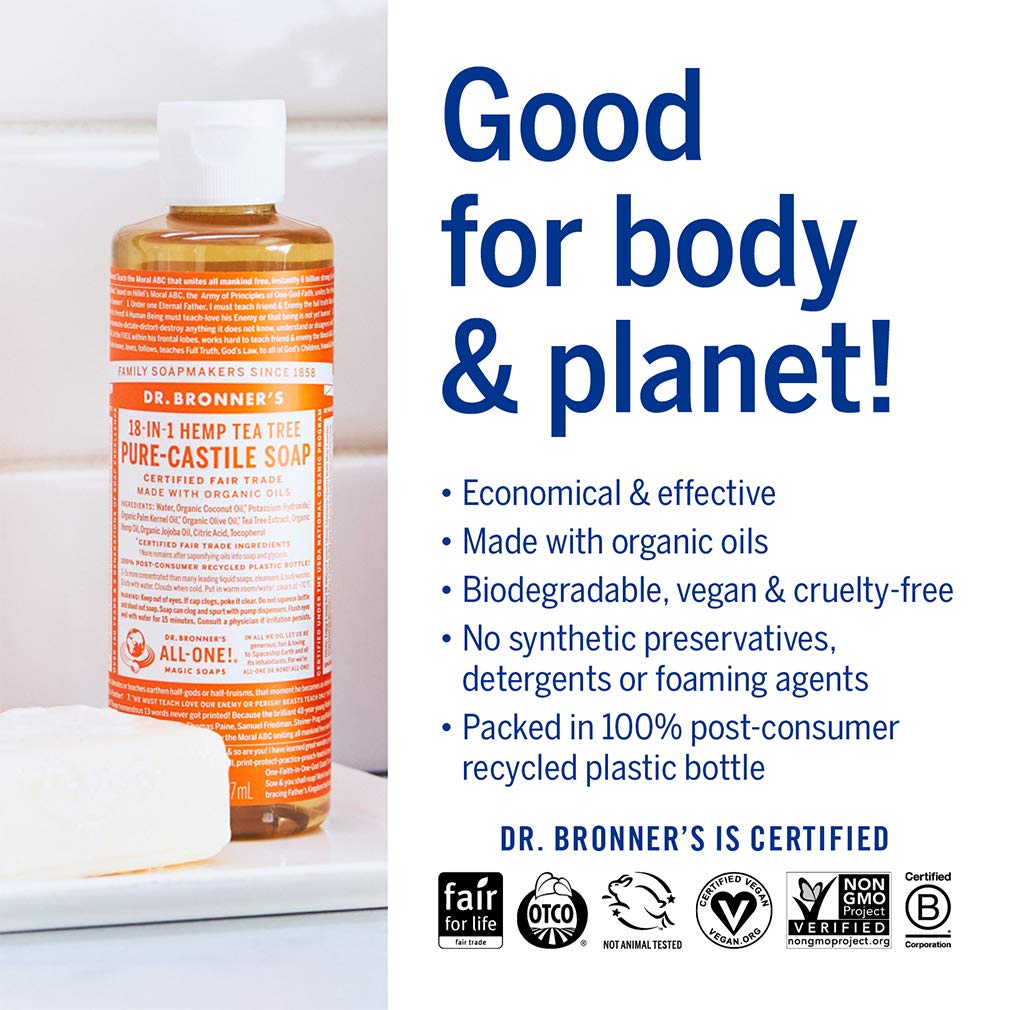 Dr. Bronner's - Pure-Castile Liquid Soap (Tea Tree, 8 ounce) - Made with Organic Oils, 18-in-1 Uses: Acne-Prone Skin, Dandruff, Laundry, Pets and Dishes, Concentrated, Vegan, Non-GMO