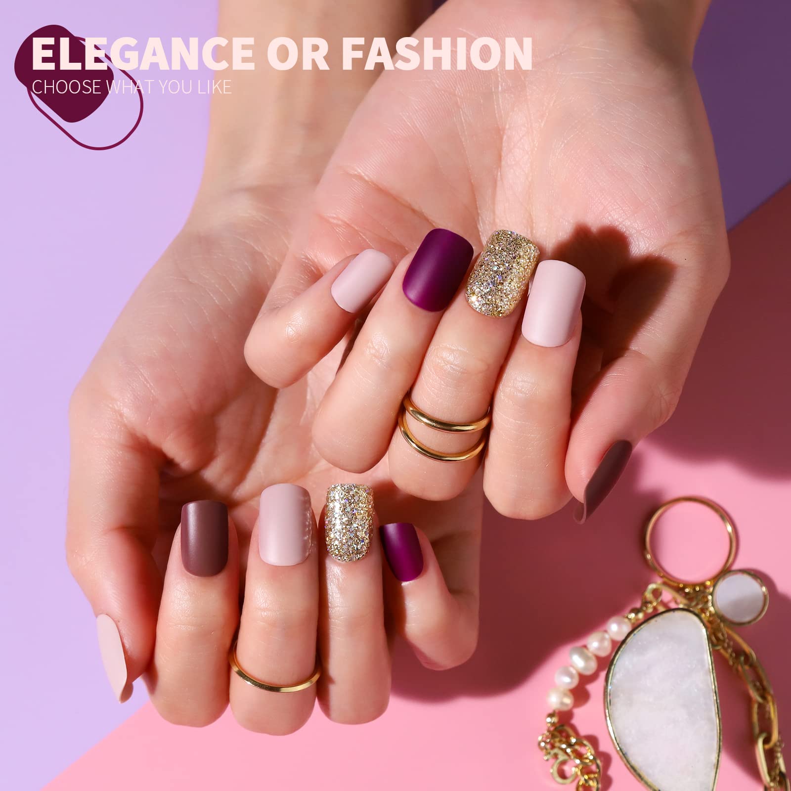 Teenitor Matte Acrylic Short Square Fake Nails, 360Pcs Full Cover, Glitter Press-On False Nails