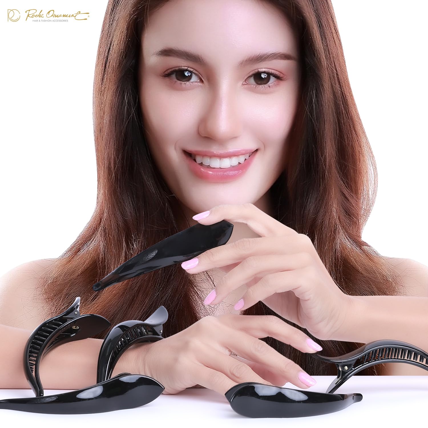 RC ROCHE ORNAMENT 6 Pcs Womens Hair Clip Professional Styling Sectioning Inner Teeth Curve Durable Alligator Duck Bill Jaw Strong Secure Grip Salon, Small Black