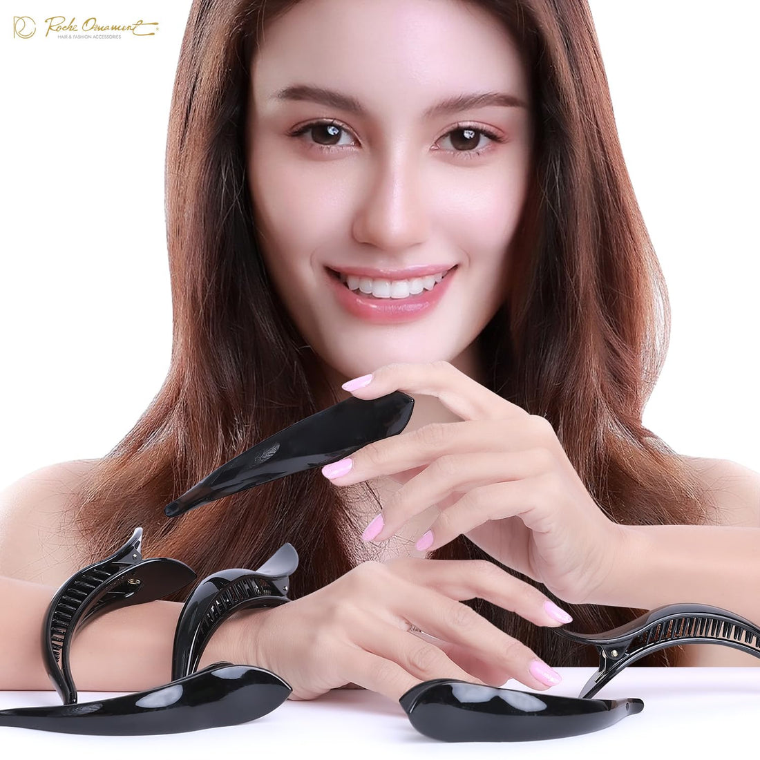 RC ROCHE ORNAMENT 6 Pcs Womens Hair Clip Professional Styling Sectioning Inner Teeth Curve Durable Alligator Duck Bill Jaw Strong Secure Grip Salon, Small Black