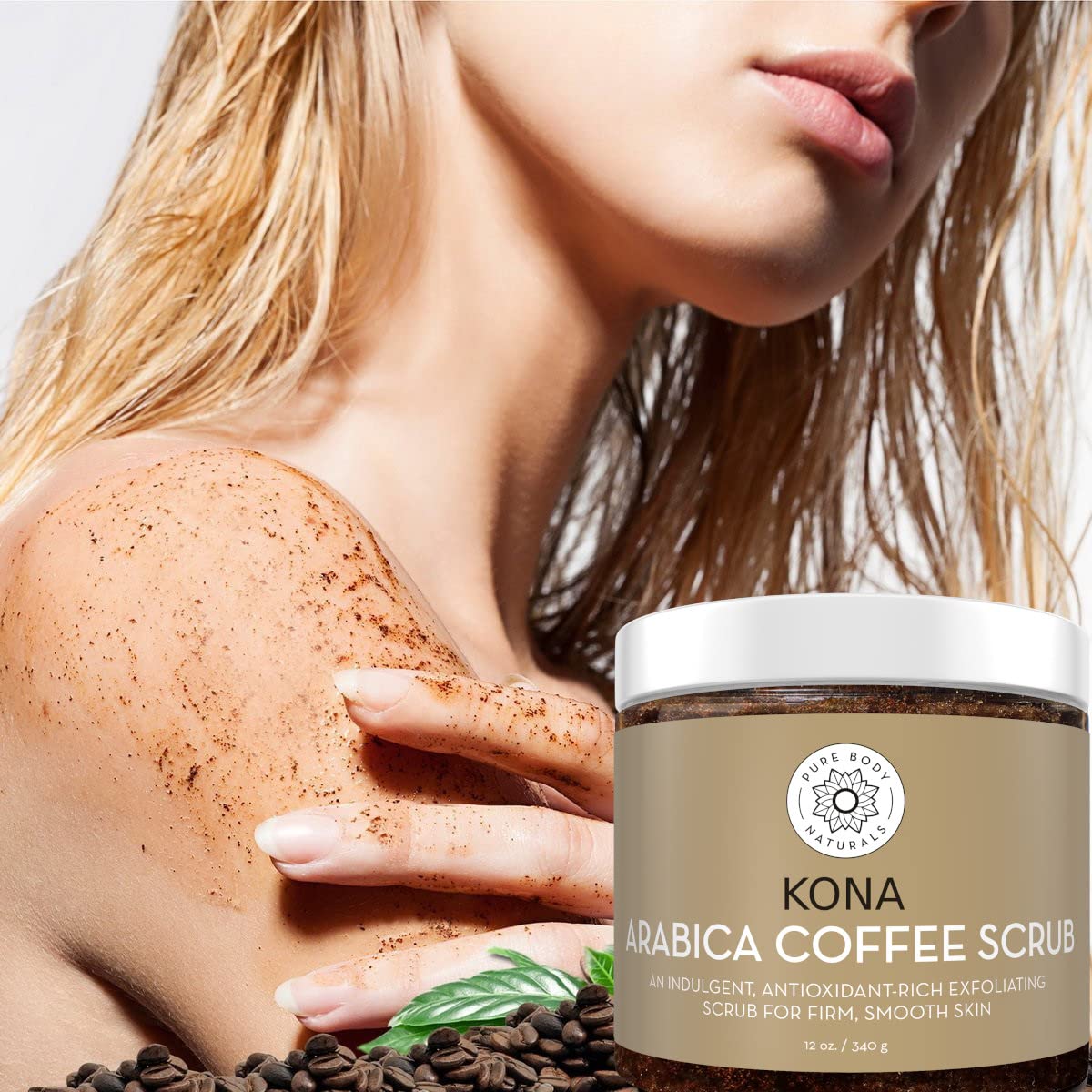 Pure Body Naturals Arabica Coffee Body Scrub Exfoliator - Loaded with Caffeine for Cellulite and Stretch Marks | Exfoliating Skin on Face, Hand, Foot, Butt - Coffee Scrub for Women, 12 Ounce