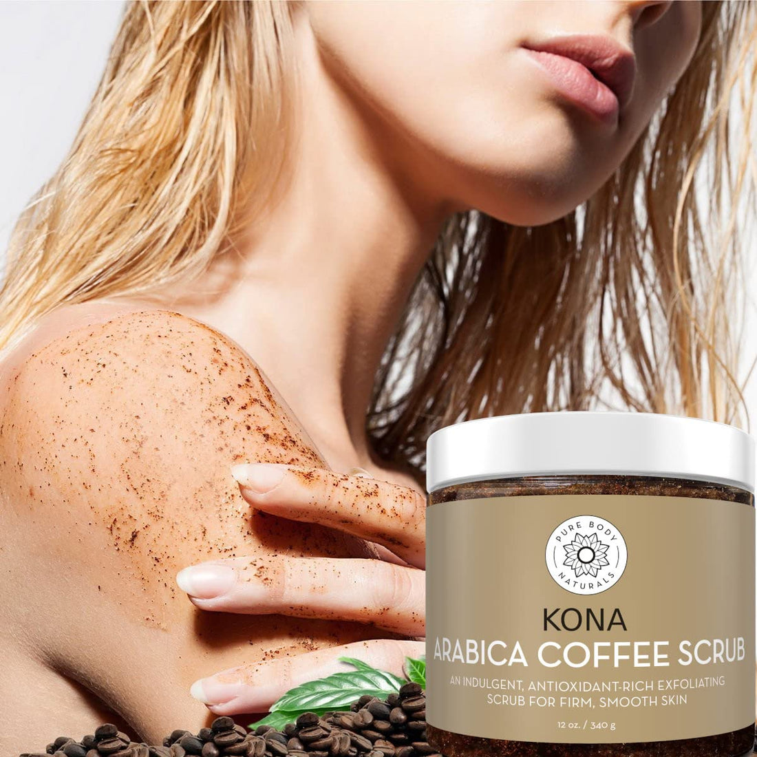Pure Body Naturals Arabica Coffee Body Scrub Exfoliator - Loaded with Caffeine for Cellulite and Stretch Marks | Exfoliating Skin on Face, Hand, Foot, Butt - Coffee Scrub for Women, 12 Ounce