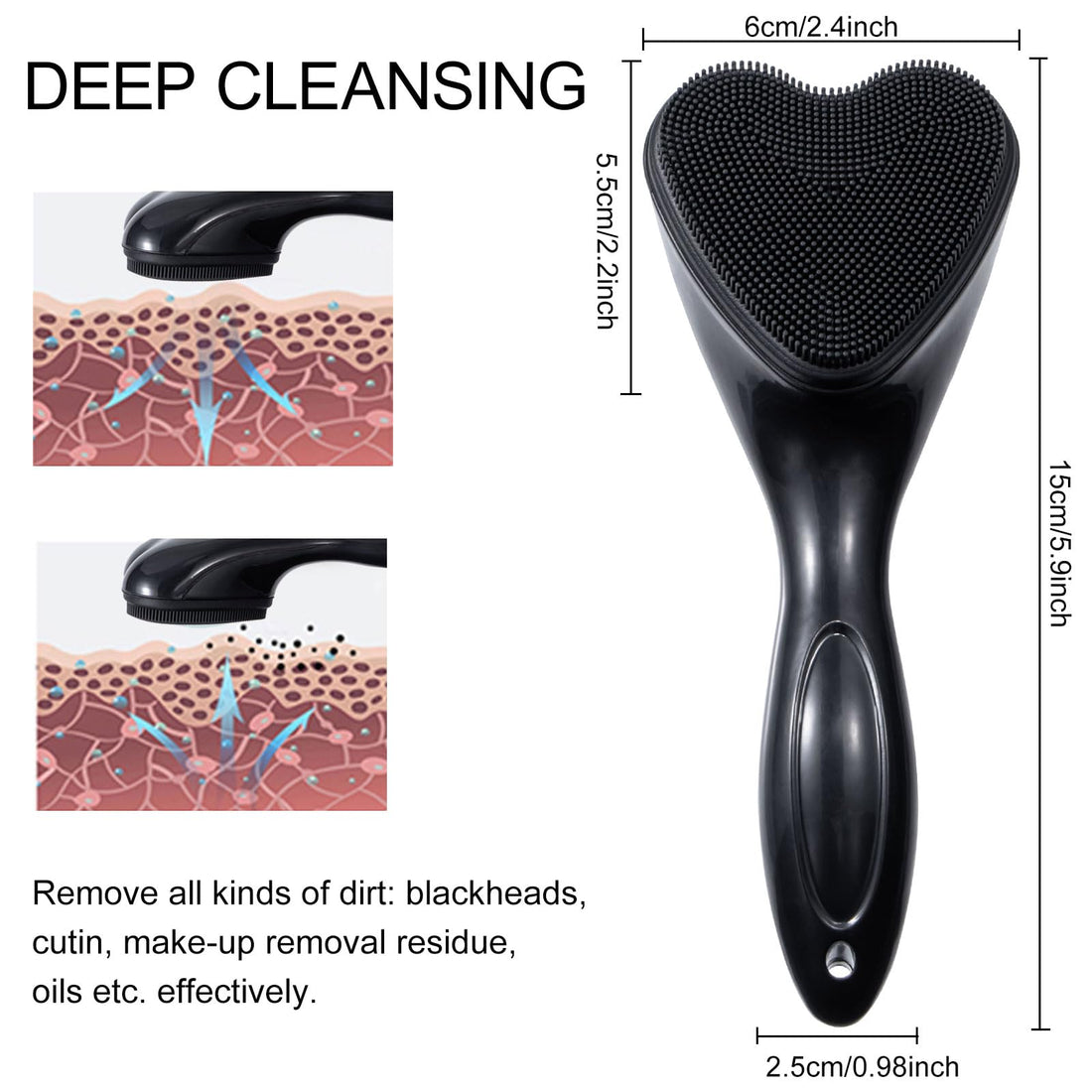 Silicone Face Scrubber Exfoliating Brush, Beomeen 2 Pack Manual Handheld Facial Cleansing Brush Blackhead Scrubber, Soft Bristles Waterproof for Face Skincare (Black,Heart)
