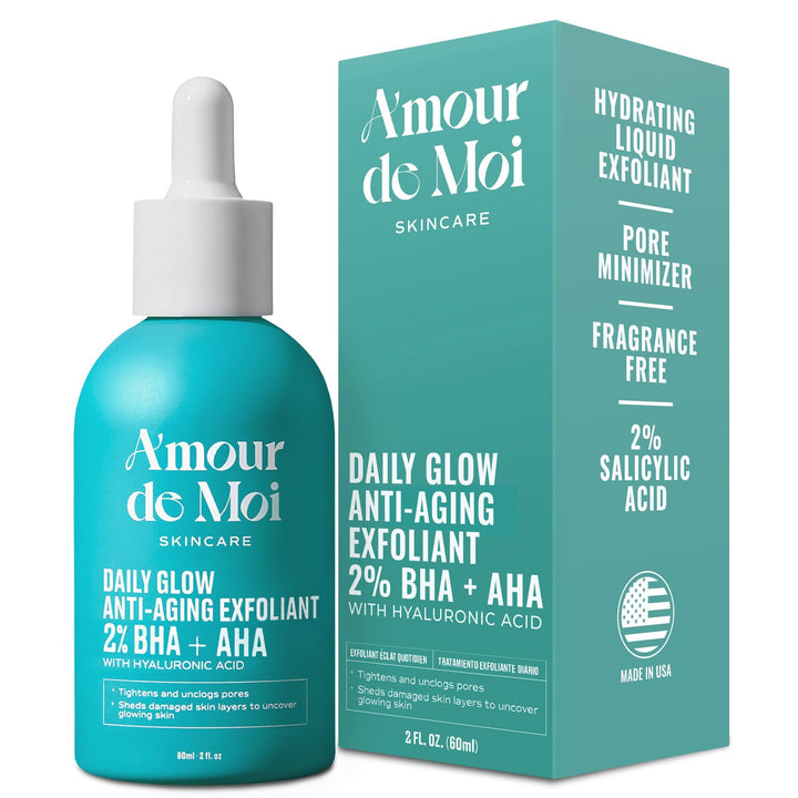 Amour de Moi 2% BHA AHA Liquid Salicylic Acid Exfoliant - Gentle Peel, Pore Minimizer, Face Exfoliator for blackheads, wrinkles with Hyaluronic acid - Fragrance-Free Hydrating for All Skin Types, 2oz