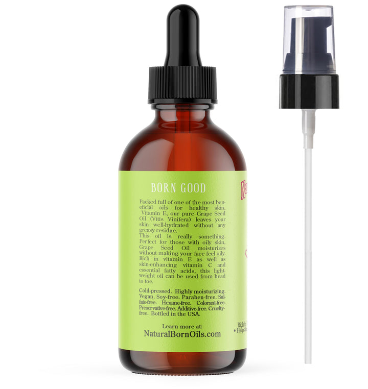 Natural Born Oils Grape Seed Oil. 4oz. 100% Pure and Natural, Cold-pressed, Organic, Moisturizer for Skin and Hair