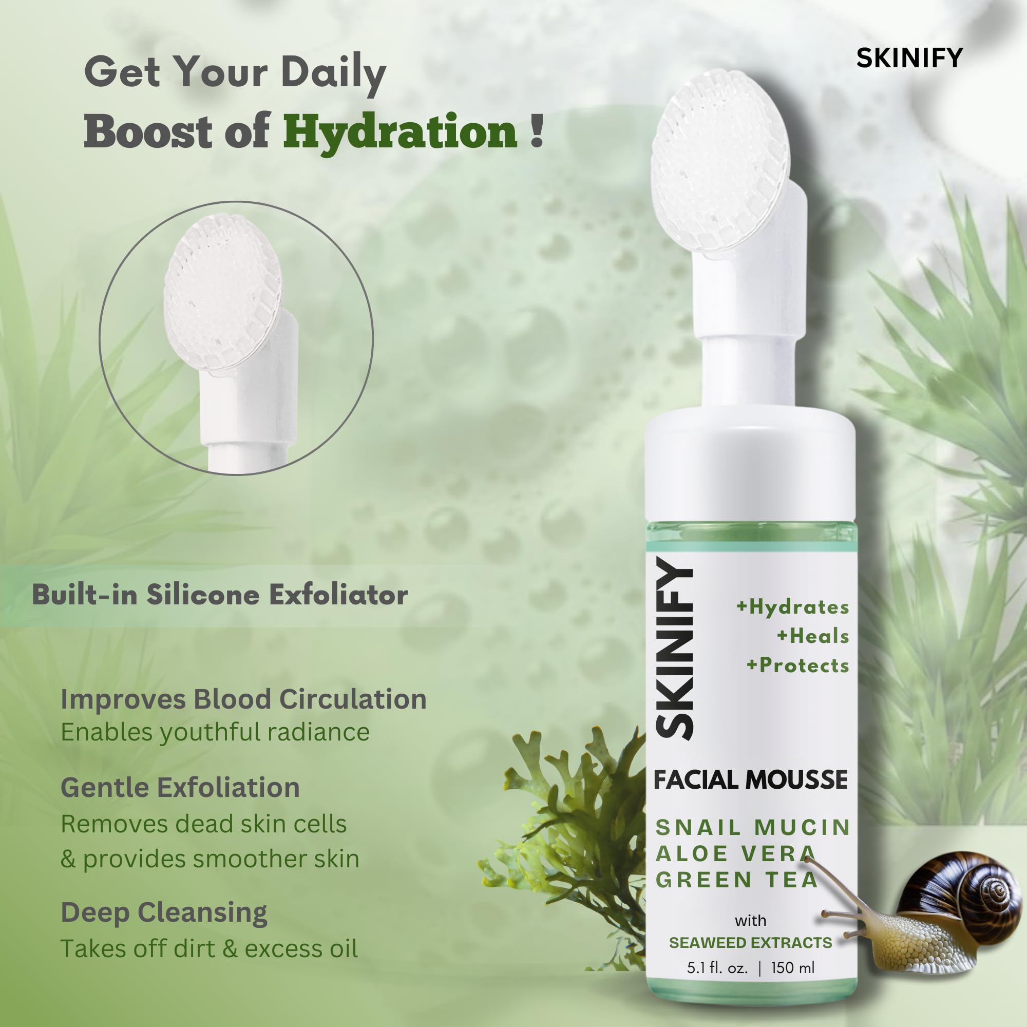 SKINIFY Glass-Skin Snail Mucin Facial Foam Cleanser w/Exfoliator – Ultra Hydration with Aloe Vera, Green Tea & Seaweed – All Skin Types Men & women – Deeply Hydrates, Detoxifies & Protects (5.1 Oz)