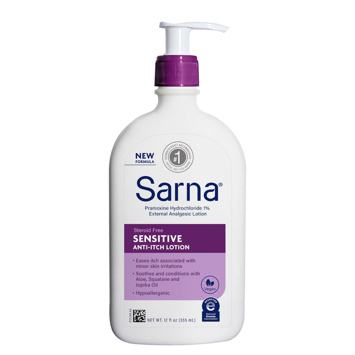 Sarna Sensitive Anti-Itch Lotion, Steroid-Free, Fragrance-Free, Vegan, Hypoallergenic, National Eczema Association Accepted, 1% Pramoxine Hydrochloride, 12 oz