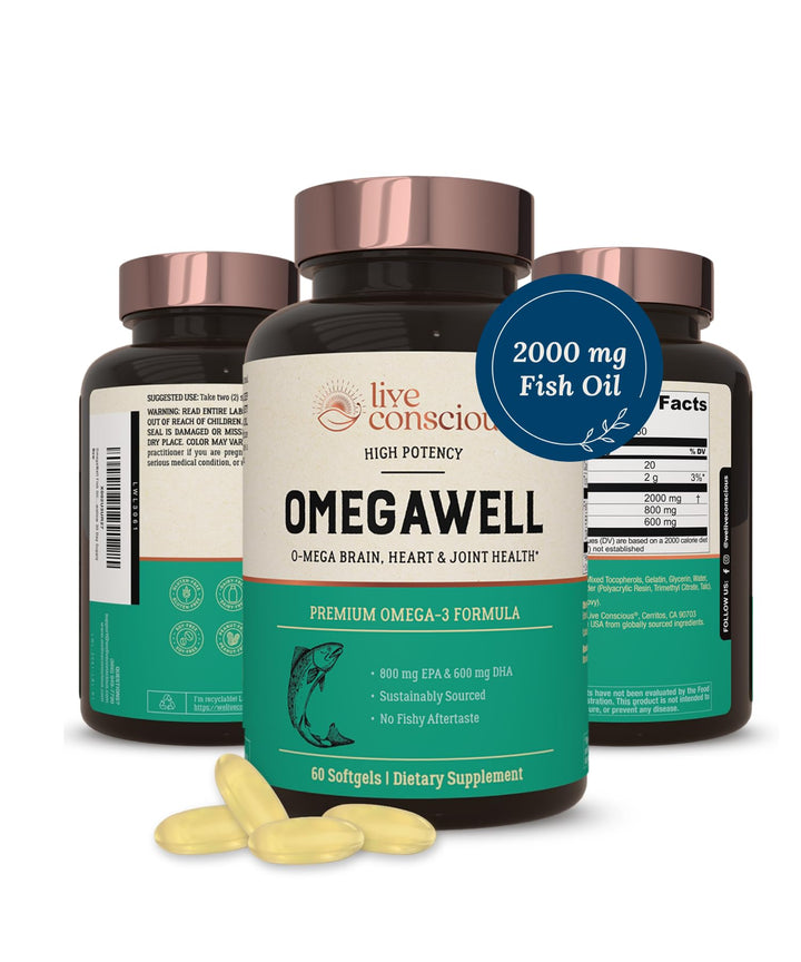 OmegaWell Omega 3 Fish Oil - 2000mg Capsules: Heart, Brain, & Joint Support - 800 mg EPA 600 mg DHA - Sustainably Sourced - Softgels - 30 Day Supply