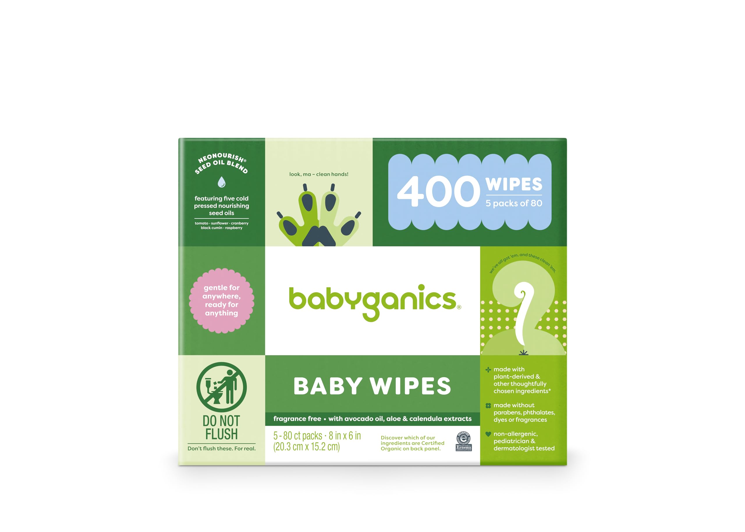 Babyganics Baby Wipes, Unscented Diaper Wipes, 400 Count, (5 Packs of 80), Non-Allergenic and formulated with Plant Derived Ingredients