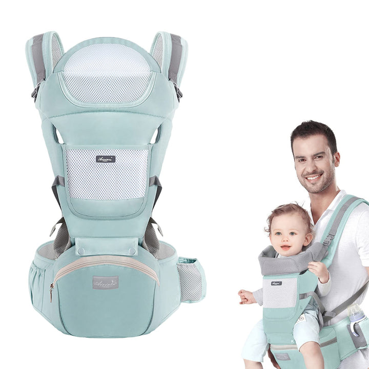 Huifen Baby Carrier with Hip Seat, Multi-Functional 9 in 1 Baby Wrap Carrier Newborn to Toddler for All Seasons Ergonomic Baby Sling Carrier Hands Free Baby Backpack 7-45 lbs (Green)