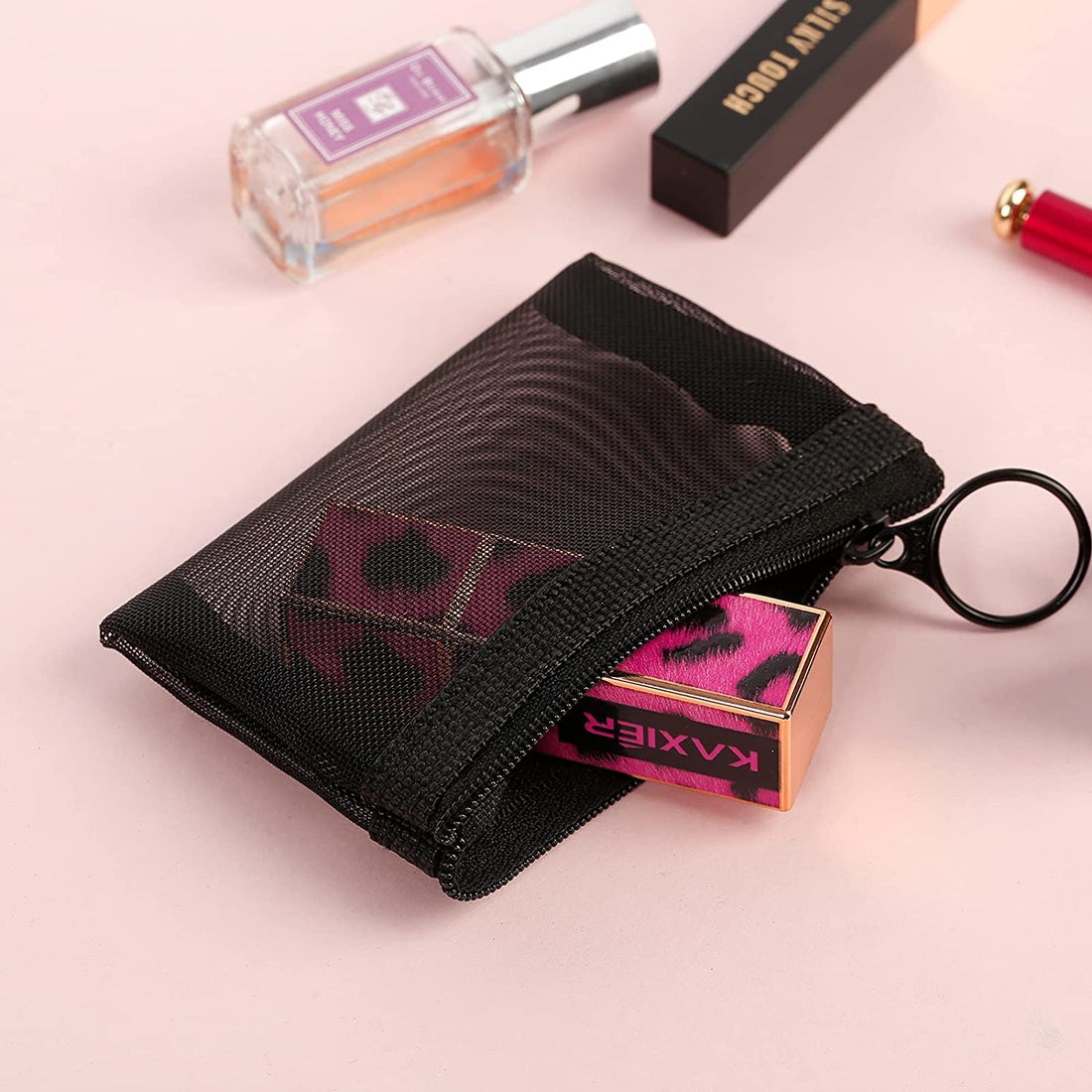 Patu Mini Zipper Mesh Bags, 3 x 4, Size XS / A8, 5 Pieces, Keychain Pouch Key Holder, Coin Purse, Clear Travel Kit Small Item Cosmetic Organizer, Black