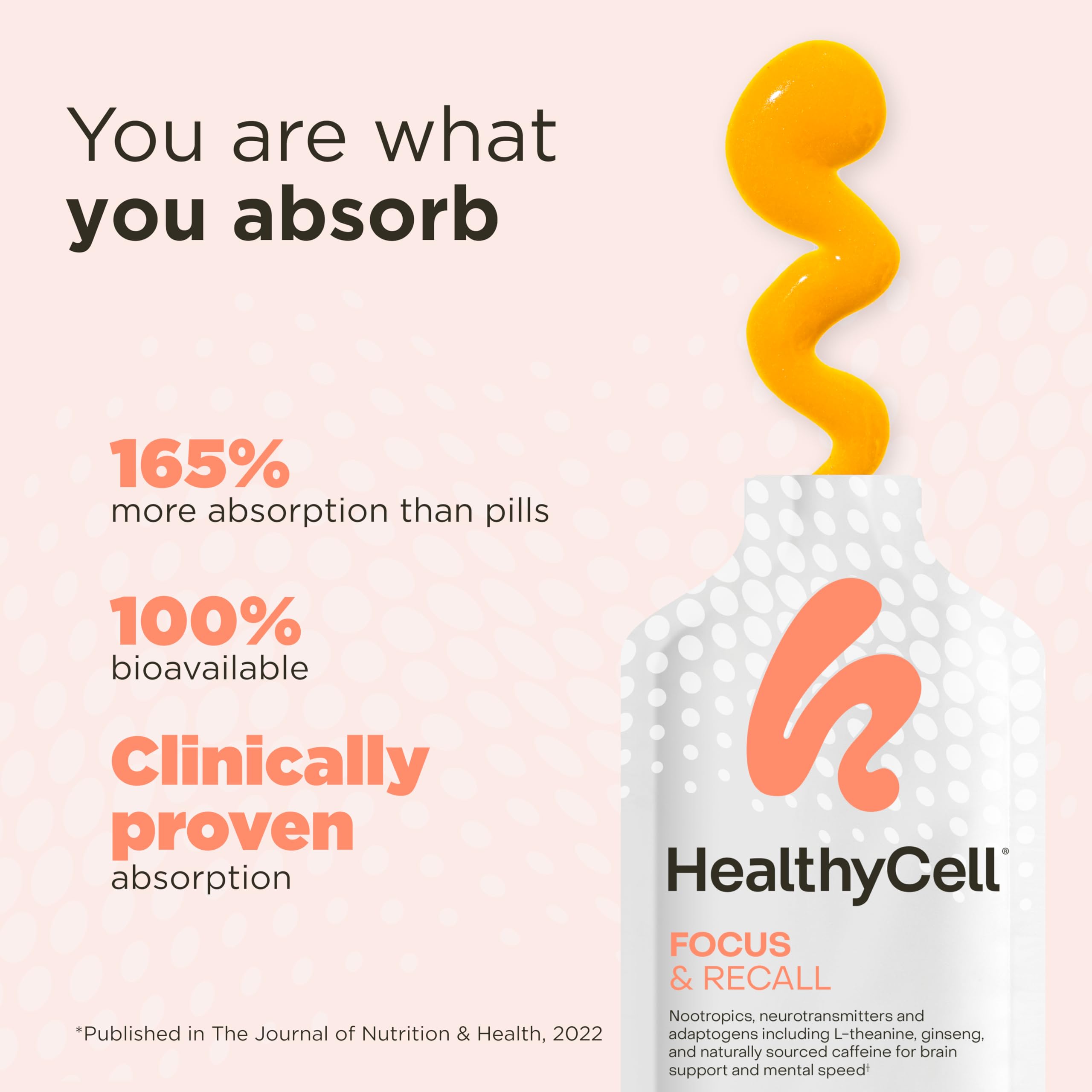 Healthycell Focus & Recall - Brain Supplement for Focus and Memory - Liquid Nootropics Supplement for Concentration & Alertness - L-theanine, Omega-3 - Maximum Absorption - 30 Gel Packs