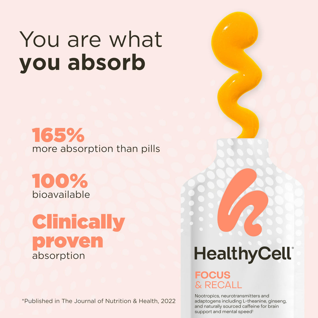 Healthycell Focus & Recall - Brain Supplement for Focus and Memory - Liquid Nootropics Supplement for Concentration & Alertness - L-theanine, Omega-3 - Maximum Absorption - 30 Gel Packs