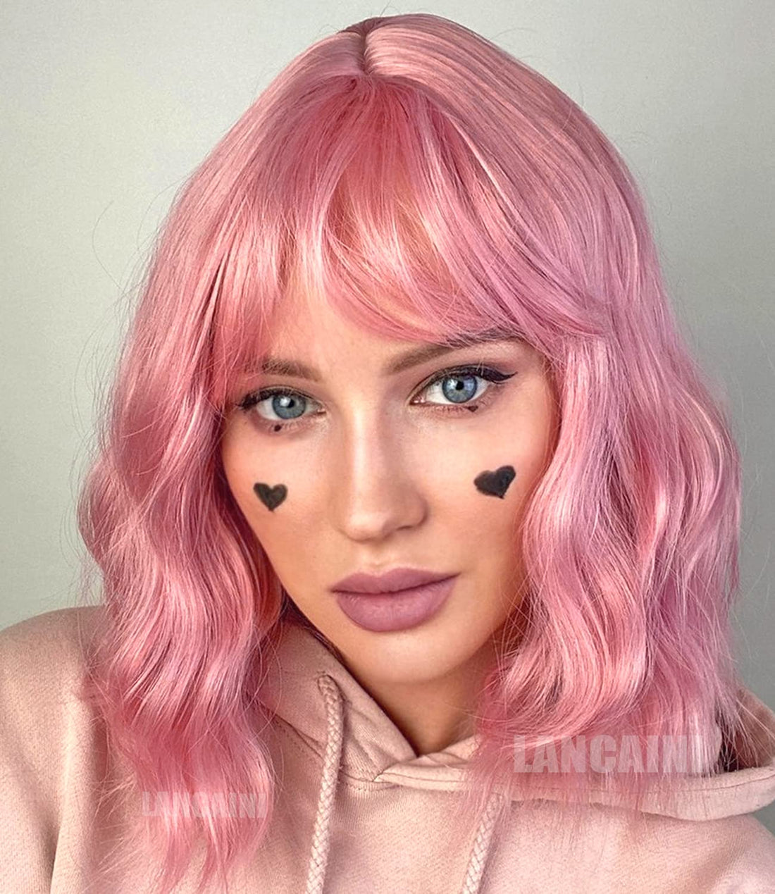 LANCAINI Pastel Bob Wigs with Bangs for Women Loose Wavy Wig Pastel Wavy Shoulder Length Bob Synthetic Cosplay Wig for Girl Colorful Costume Wigs (Pink)