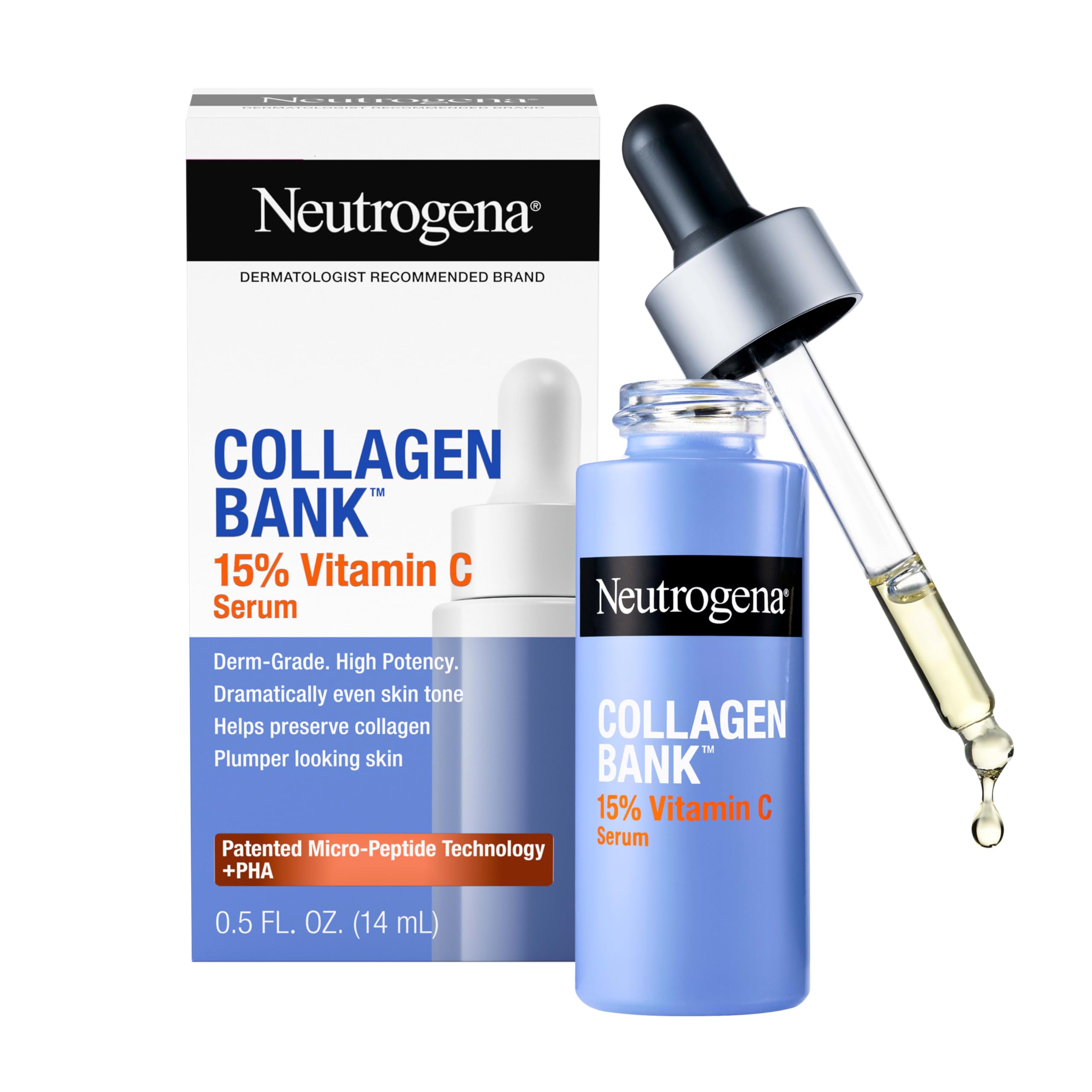 Neutrogena Collagen Bank 15% Vitamin C Face Serum, Vitamin C Serum for Face Helps Build Collagen for Glowing, Plumper Looking Skin, Uneven Skin Tone Treatment, Fragrance Free, 0.5 fl. oz