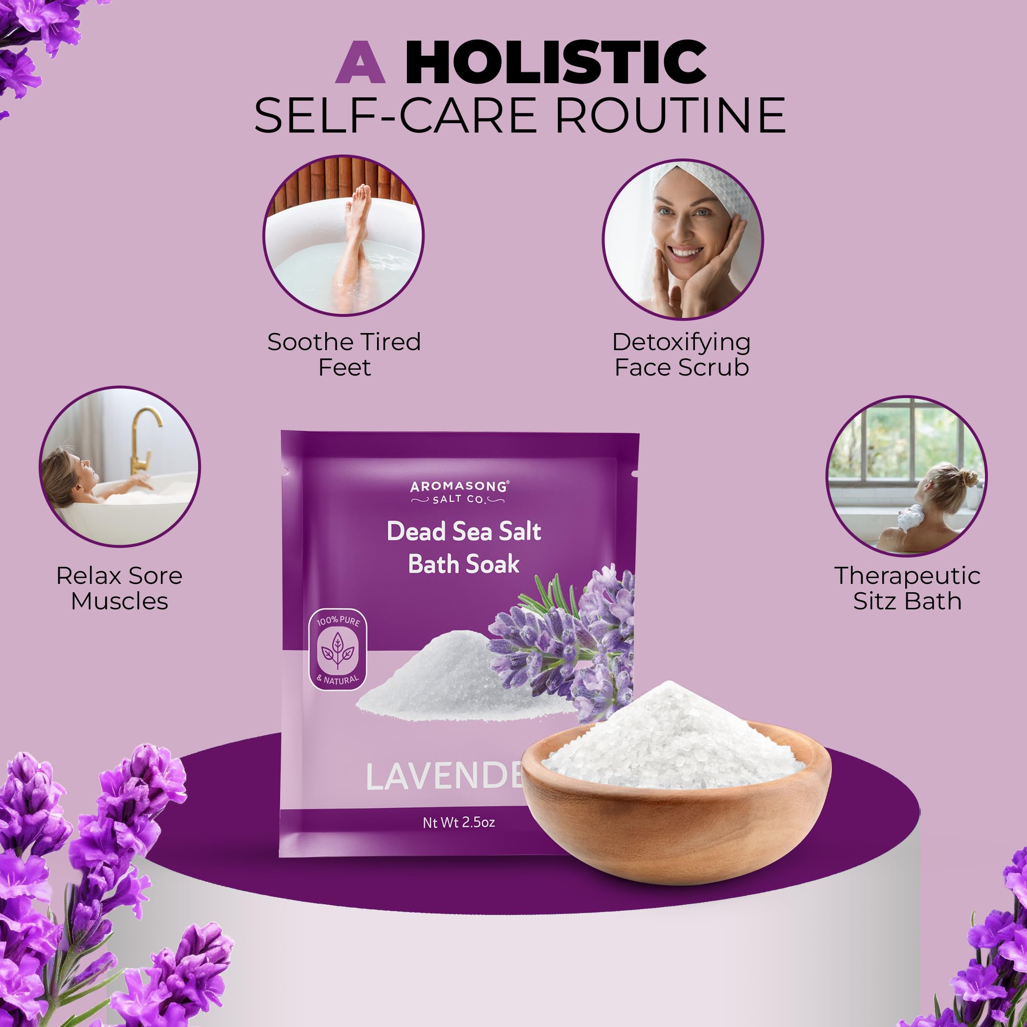 Aromasong Pure Dead Sea Salt 100% Natural Lavender Essential Oil – 2.5 oz. Spa Bath Salt Fine Grain- Christmas Stocking Stuffers for Adults, Kids, Women, and Mens soak Stocking Stuffers for Adults