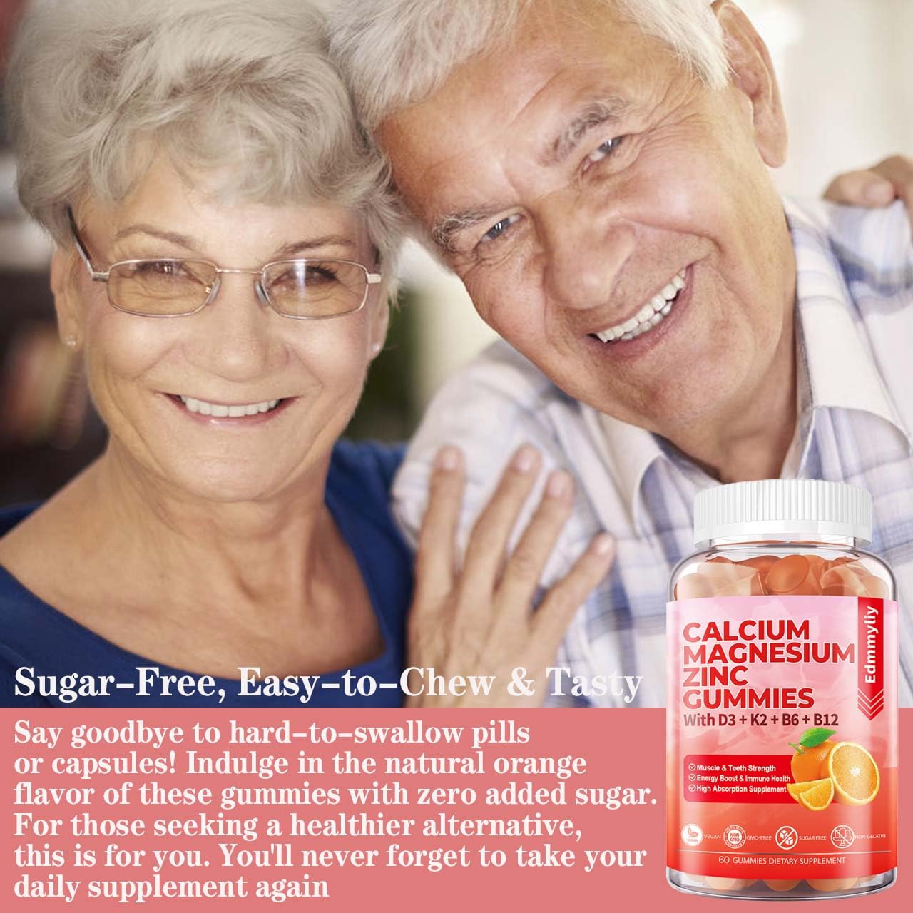 Sugar Free Calcium Magnesium Zinc Supplement Gummies with Vitamin D3 & B12 for Women and Men High Absorption Calcium Magnesium Supplement for Bone & Teeth Strength, Muscle & Immune (120 Counts)