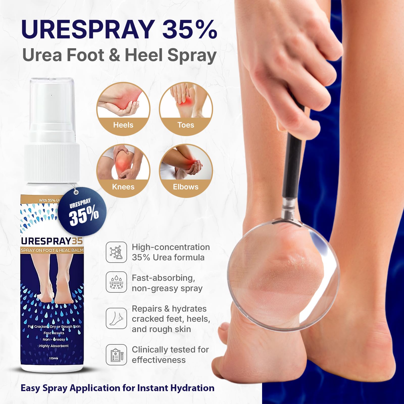 URESPRAY 35% Urea Foot & Heel Spray - 125ML Moisturizing Treatment for Dry, Cracked Feet, Heels, Knees & Elbows - Intensive Skin Repair, Callus Remover, Dead Skin Care & Cuticle Softener Spray