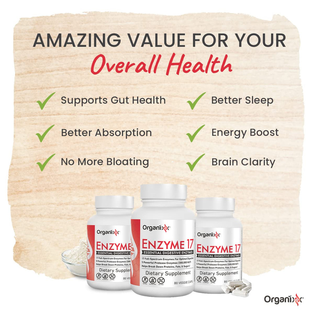 Organixx Enzyme 17 Essential Digestive Enzymes for Women & Men, For Gut Health & Optimal Digestive Health, Support for Bloating, Gas, Nutrient Absorption & Immunity, Vegan, Non GMO, 80 Veggie Capsules