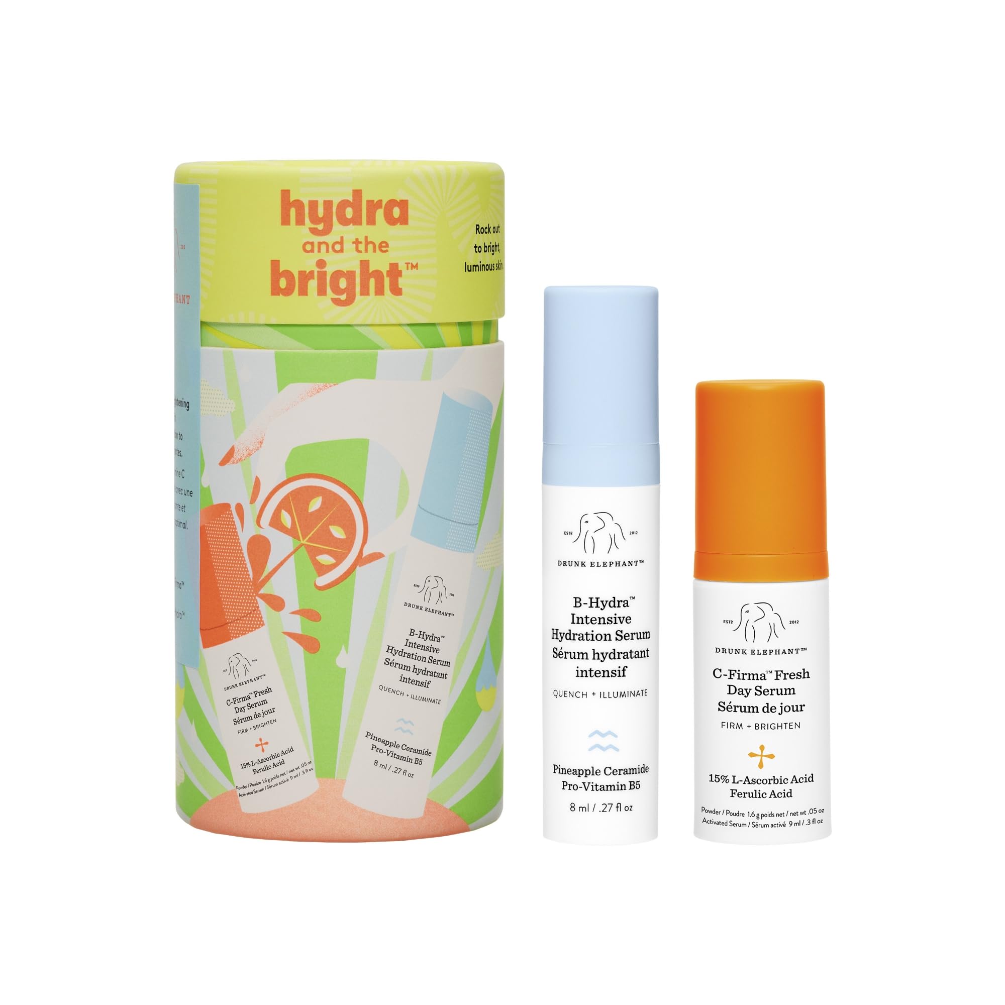 Drunk Elephant Hydra and the Bright - Includes C-Firma (9 ml) and B-Hydra (8 ml) - Clean Clinical Skincare - Cruelty-Free - Dermatologist-Tested - Free of Essential Oils, Silicones, and Fragrance