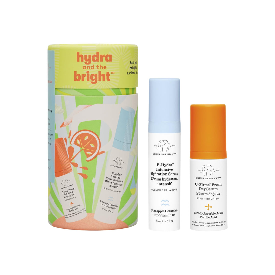 Drunk Elephant Hydra and the Bright - Includes C-Firma (9 ml) and B-Hydra (8 ml) - Clean Clinical Skincare - Cruelty-Free - Dermatologist-Tested - Free of Essential Oils, Silicones, and Fragrance