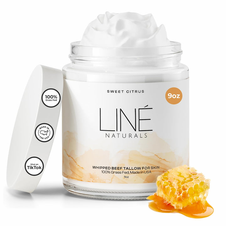 Liné Naturals Whipped Beef Tallow for Skin - 100% Pure, Grass Fed Tallow Moisturizer for Face and Body - Organic Honey Beef Balm for Sensitive Skin - Quick Absorbing Hydration (Sweet Citrus)