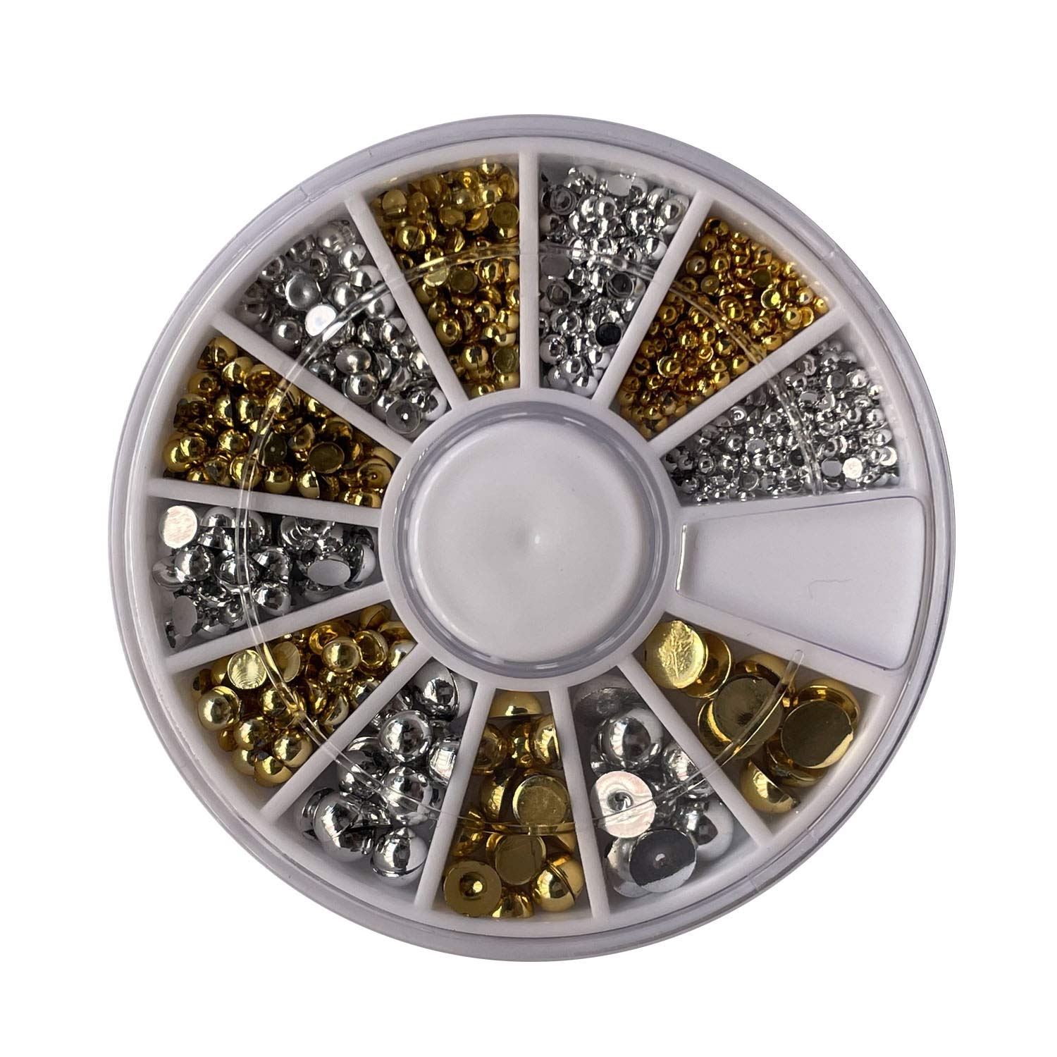 Eft 500pcs Mixed Sizes Silver& Gold Punk Half Round Acrylic Rhinestones Flatback Pearls Beads Nail Art Decoration W/Wheel