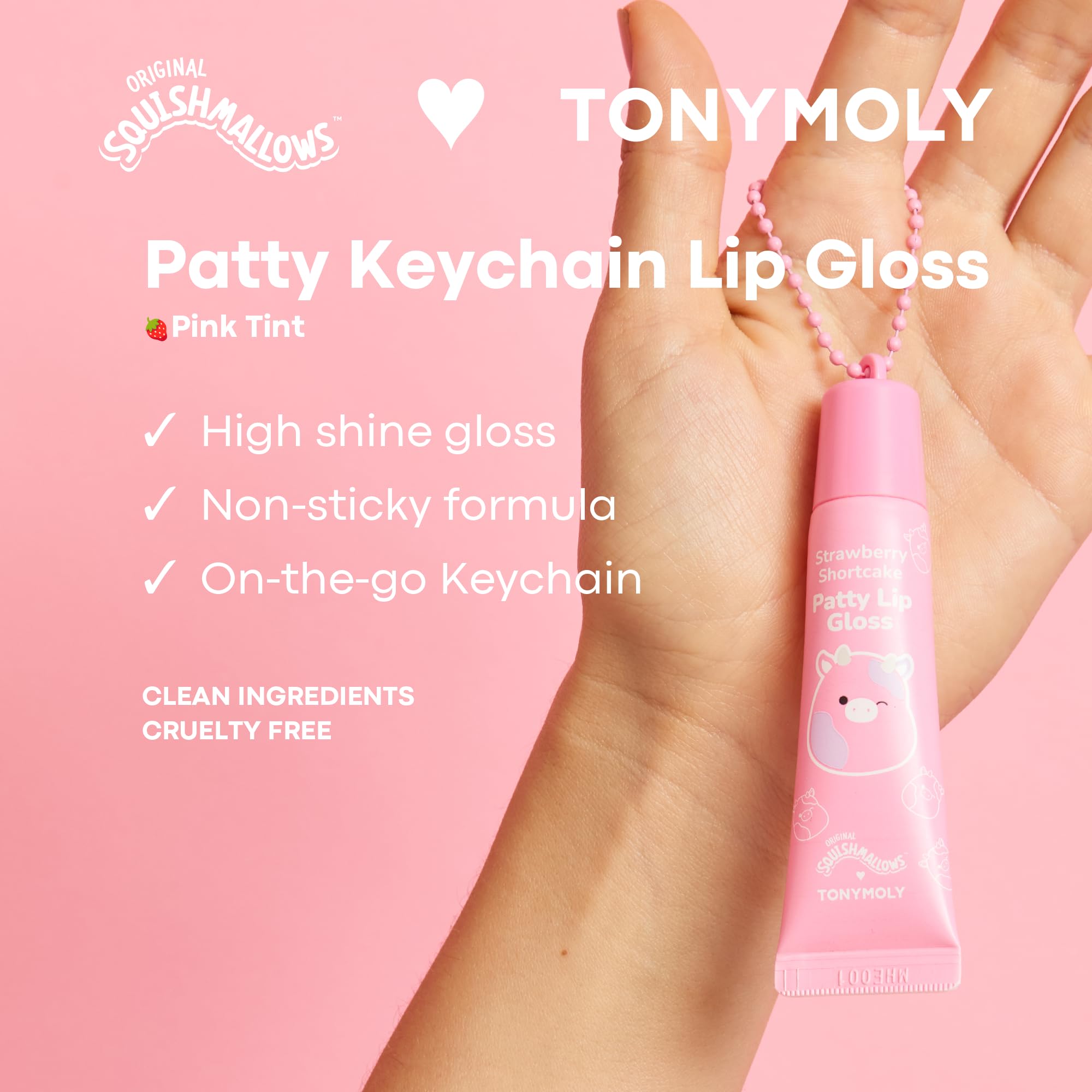 TONYMOLY x Squishmallow Easter Basket Stuffer Patty Keychain Strawberry Shortcake Lip Gloss - Sheer Pigmented Glossy Lip Stain, Hydrating Nourishing High Shine, Non-Sticky, Tinted Pink, 11ml