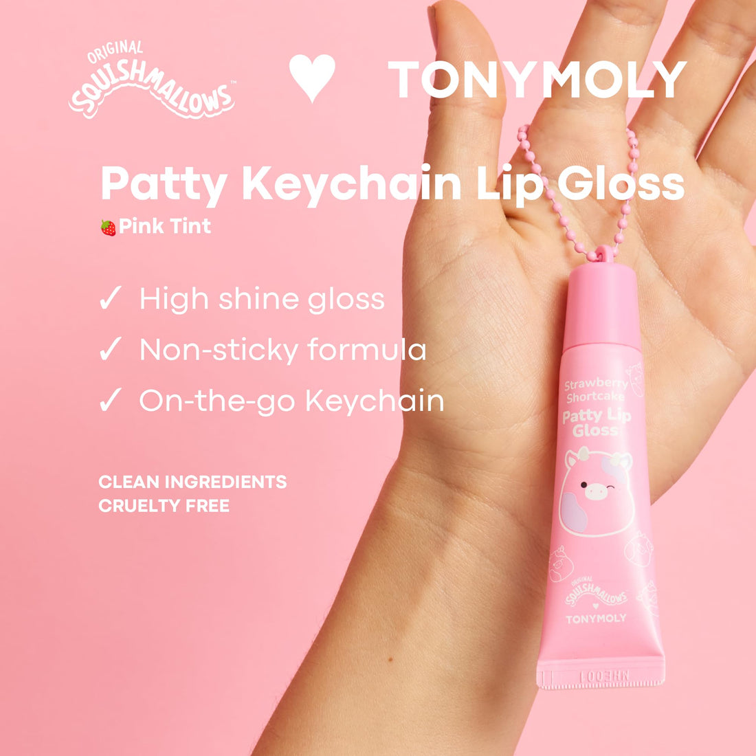 TONYMOLY x Squishmallow Easter Basket Stuffer Patty Keychain Strawberry Shortcake Lip Gloss - Sheer Pigmented Glossy Lip Stain, Hydrating Nourishing High Shine, Non-Sticky, Tinted Pink, 11ml
