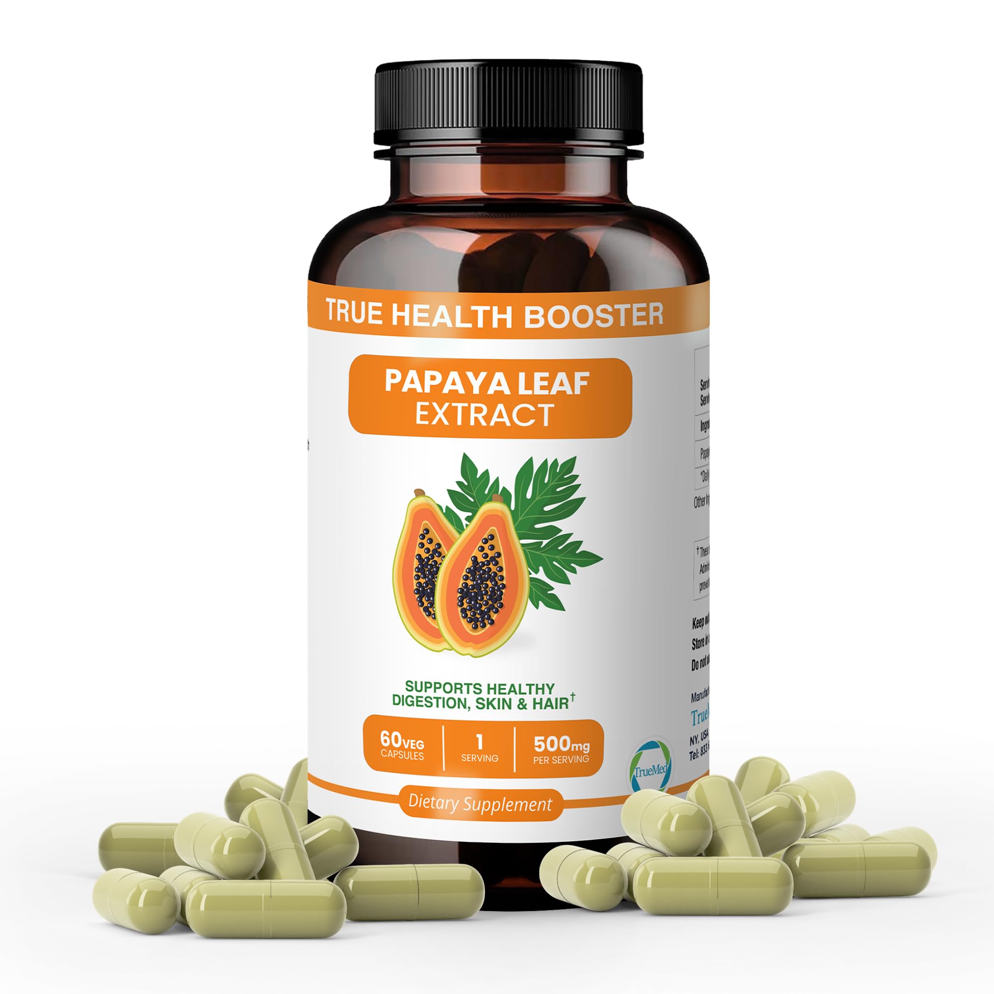 TrueMed Papaya Leaf Extract 500 mg Supports Digestive Health, Skin, Hair & Immunity Promotes Platelet Health & Nutrient Absorption 60 Veg Capsules Natural Antioxidant