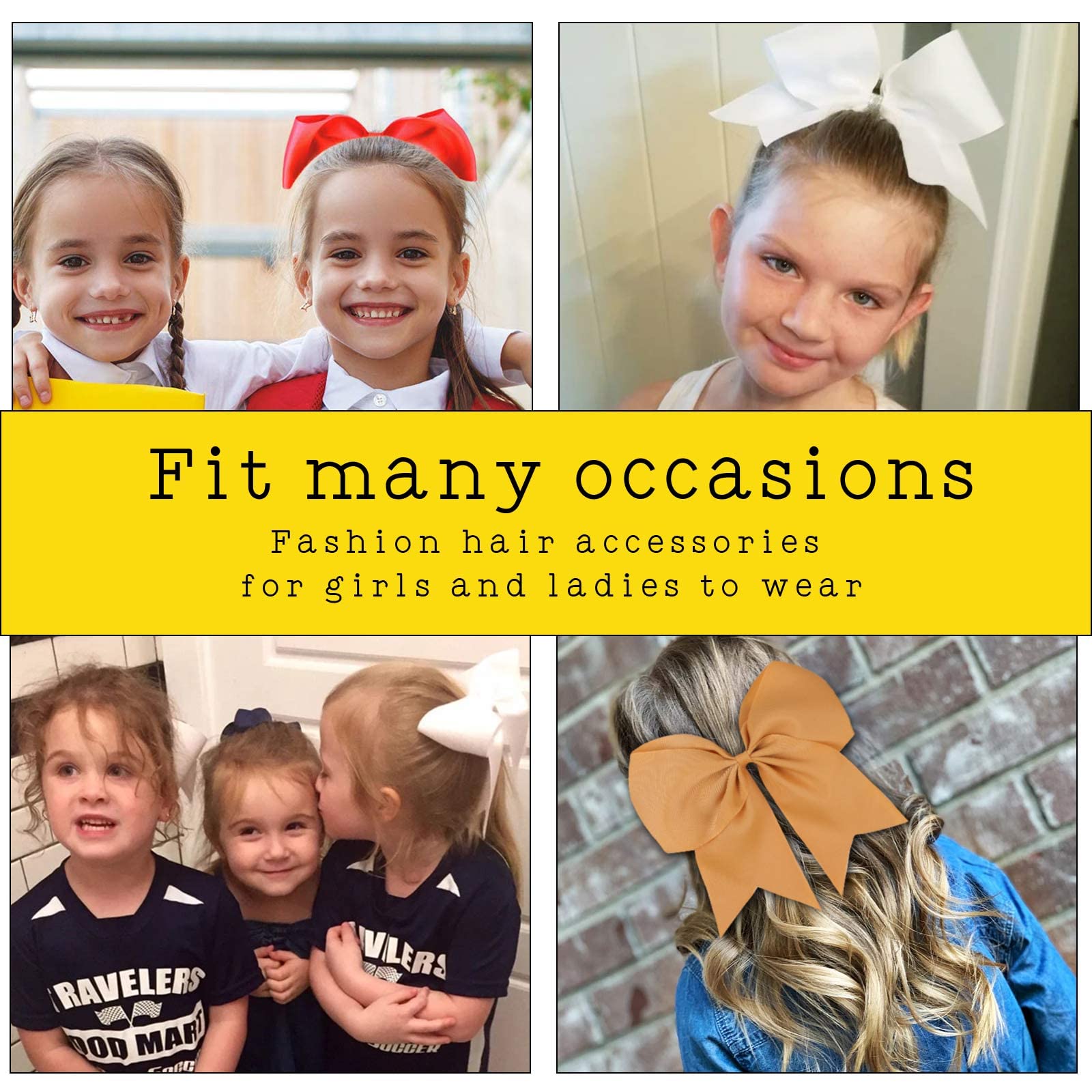 16PCS 8 Large Cheer Hair Bows Ponytail Holder Elastic Band Handmade for Cheerleading Teen Girls College Sports (Multi-colored, 1 Count (Pack of 16))