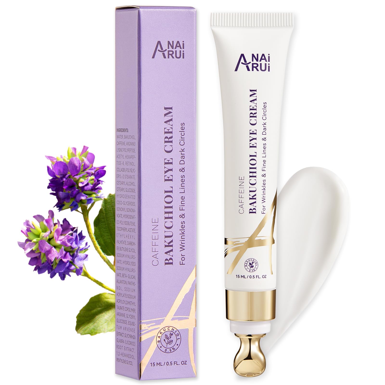 ANAI RUI Caffeine Bakuchiol Firming Eye Cream, Retinol & Peptide Eye Cream for Dark Circles, Puffiness, Wrinkles, Bakuchiol Alternative Retinol Eye Moisturizer for Under-Eye Skin Repair 0.5 FL OZ