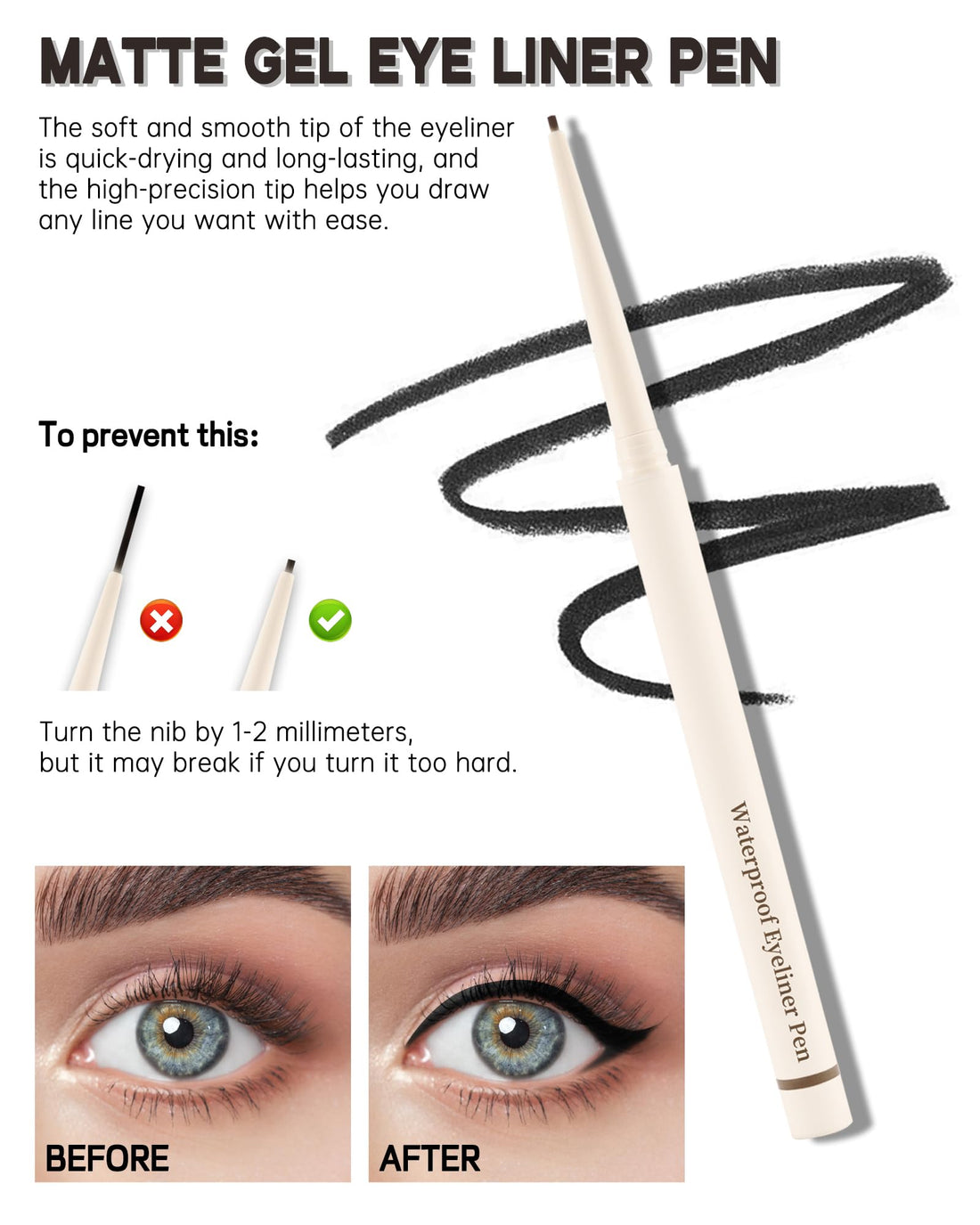 White Eyeliner for Waterline, Matte Gel Eyeliner Pencil Waterproof Smudge Proof, Ultra-Fine Tip, Cream Smooth Colored Eye Liner, Quick-Drying Long-Lasting, High Pigmented Eye Brightener Pen Makeup-05