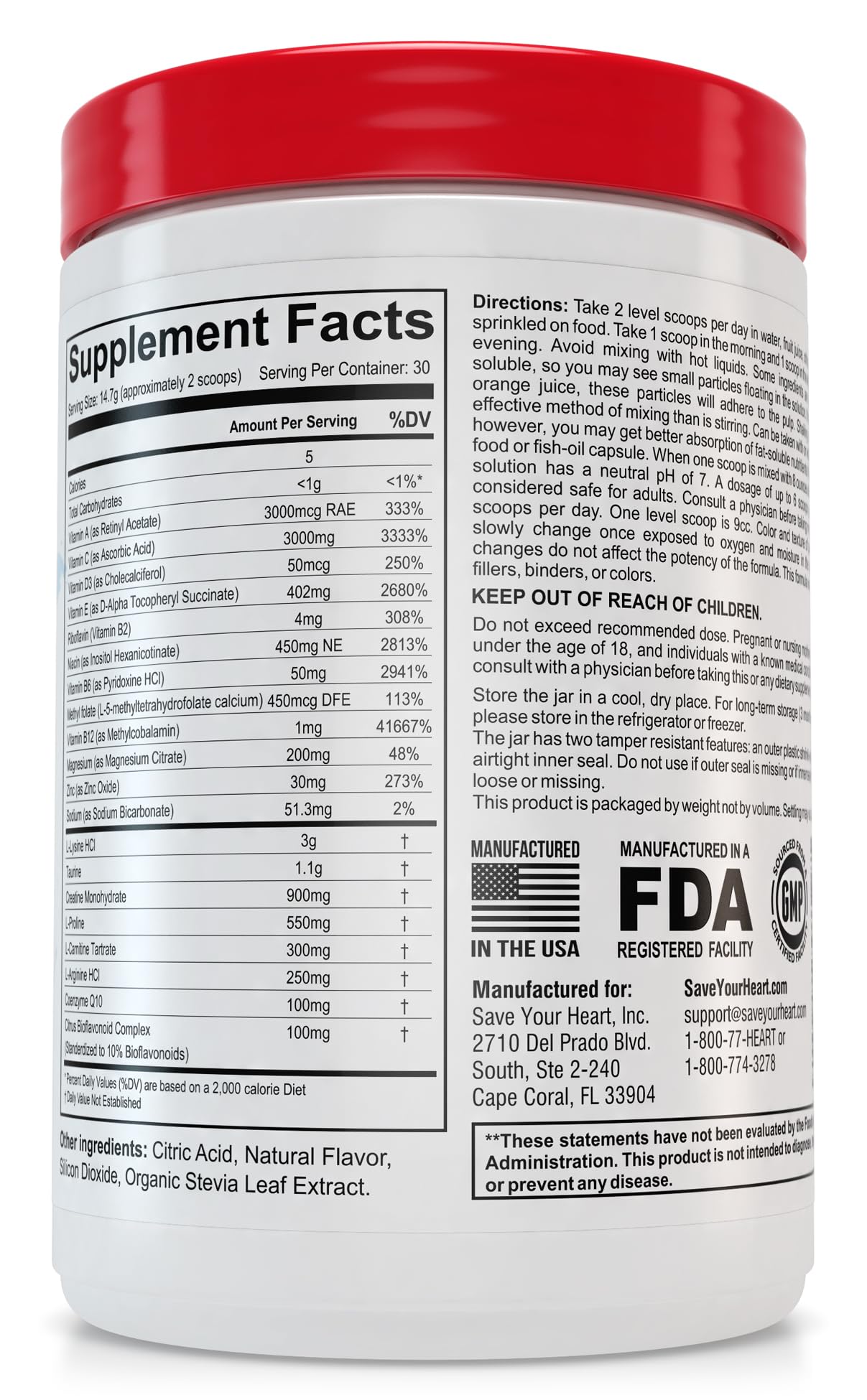 SAVE YOUR HEART Cardio Health Powder Supplement - The Pauling Therapy Essentials Formula (PTEF) Healthy Vitamin C, B-12, L-Lysine, L-Arginine, Magnesium, Zinc + Vitamins, Minerals & Antioxidants