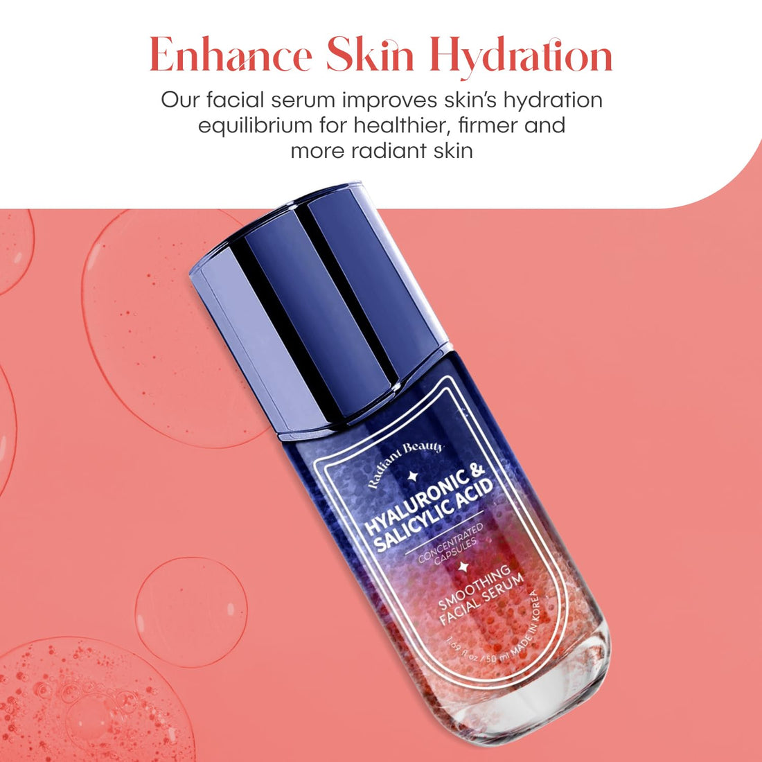 Radiant Beauty Hyaluronic Acid Facial Serum - Anti-Aging, Deep Hydration, Smooths & Cleanses - Salicylic Acid for Pore Cleansing - Dermatologist Tested, Korean Skin Care - 1.69 FL.OZ.