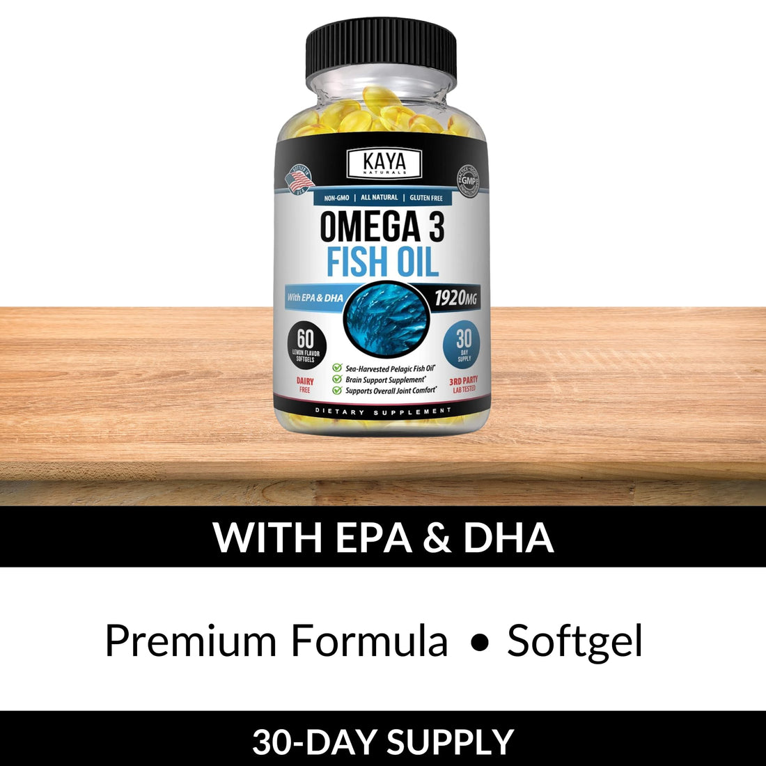 Kaya Naturals Omega 3 Supplement - Nature Made Omega 3 Fish Oil - 100% Pure Sea-Harvested Pelagic Fish Oil with No Fishy Aftertaste - Fish Oil - 60 Count Softgels