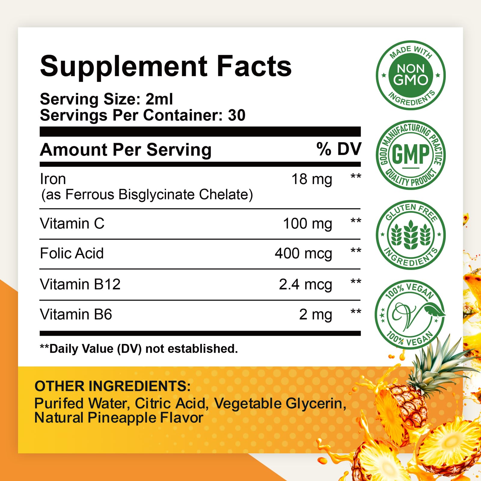 Liquid Iron Supplement for Women, Men & Kids, Liquid Iron Drops with Folate, Vitamin C, B6, B12 for Anemia, Red Blood Cell, Energy Support, Pineapple Flavor, 2 Fl Oz