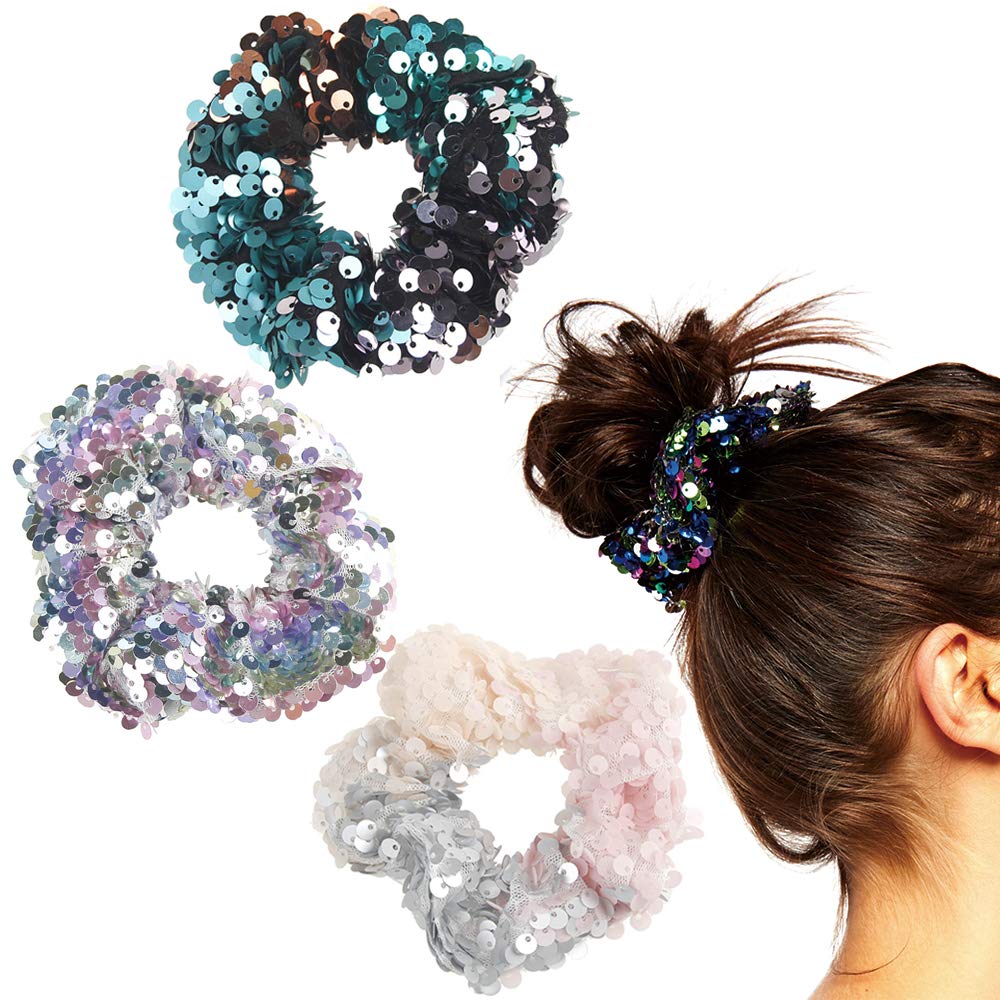 3Pcs Shiny Sequin Hair Scrunchies Hairbands, Women Girls Elastic Glitter Fashion Scrunchie Hair Ties Ropes Hair Bands Headwear Ponytail Holders Bun Cover Hair Accessories for Gym Dance Party Club, B