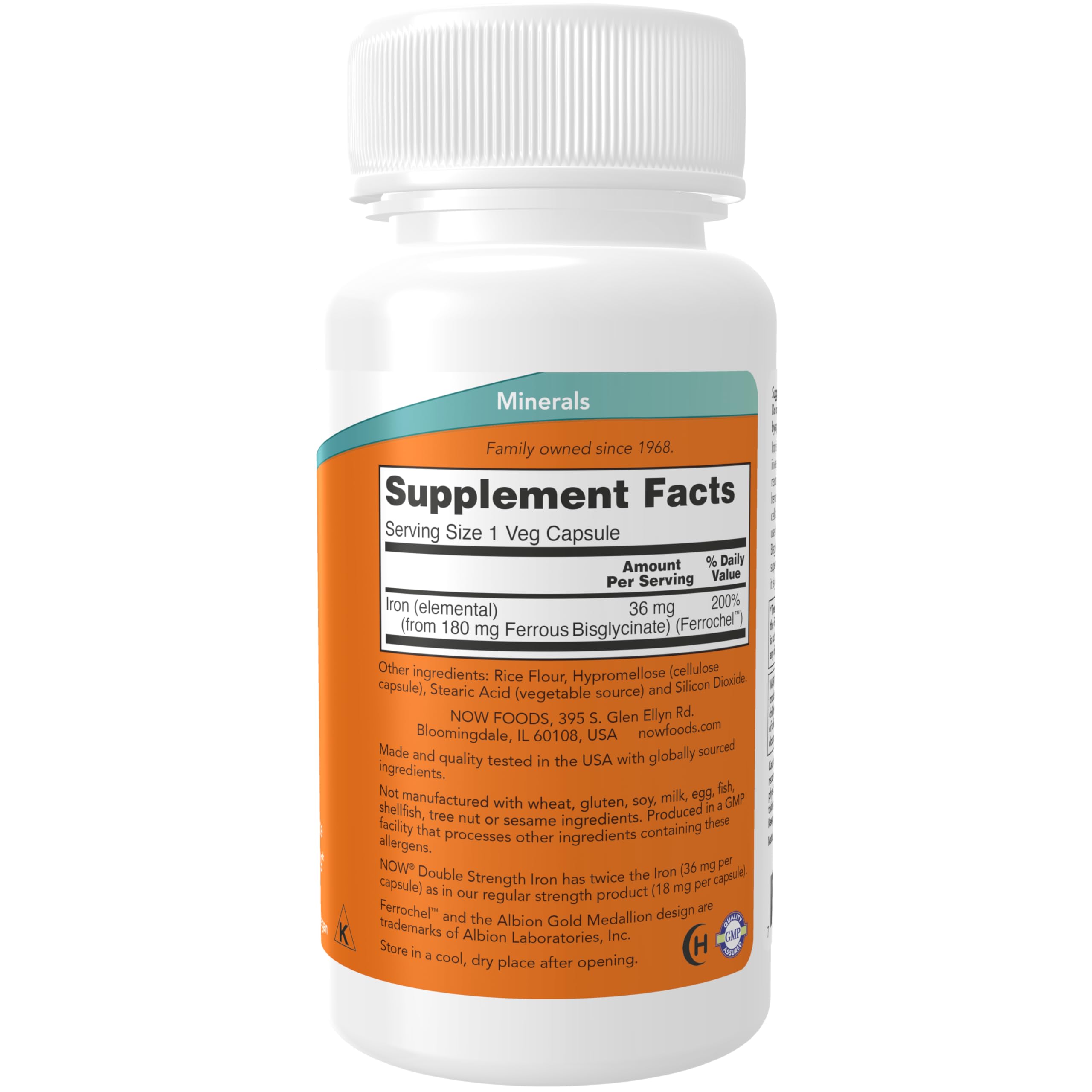 NOW Supplements, Iron 36 mg, Double Strength, Non-Constipating*, Essential Mineral, 90 Veg Capsules